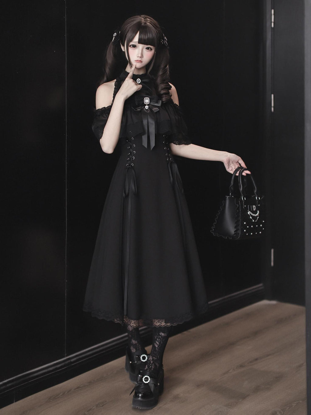 Ekomi Black A Line Stand Collar Bow Tie Women's Jsk / Jumper Skirts
