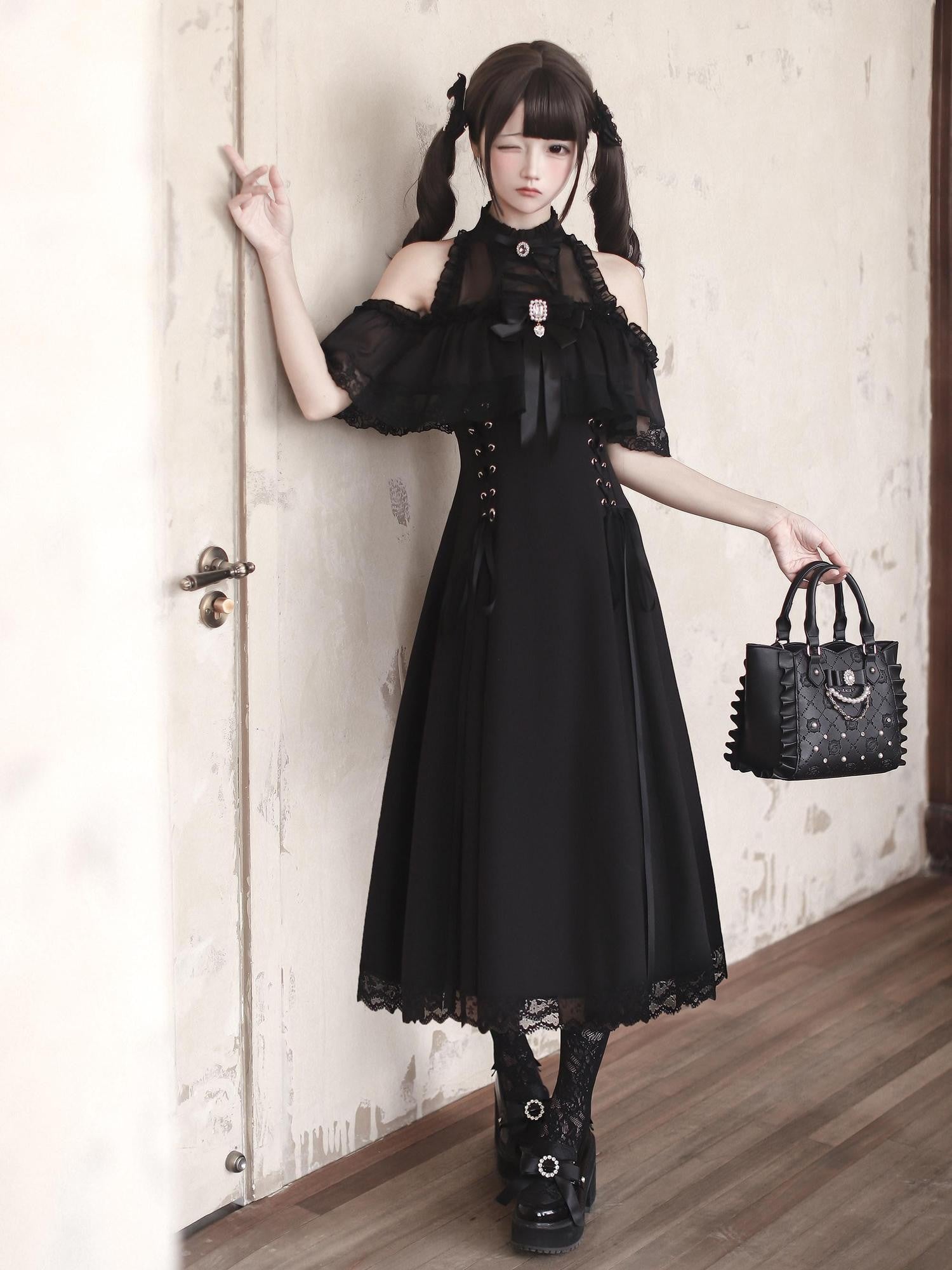 Ekomi Black A Line Stand Collar Bow Tie Women's Jsk / Jumper Skirts
