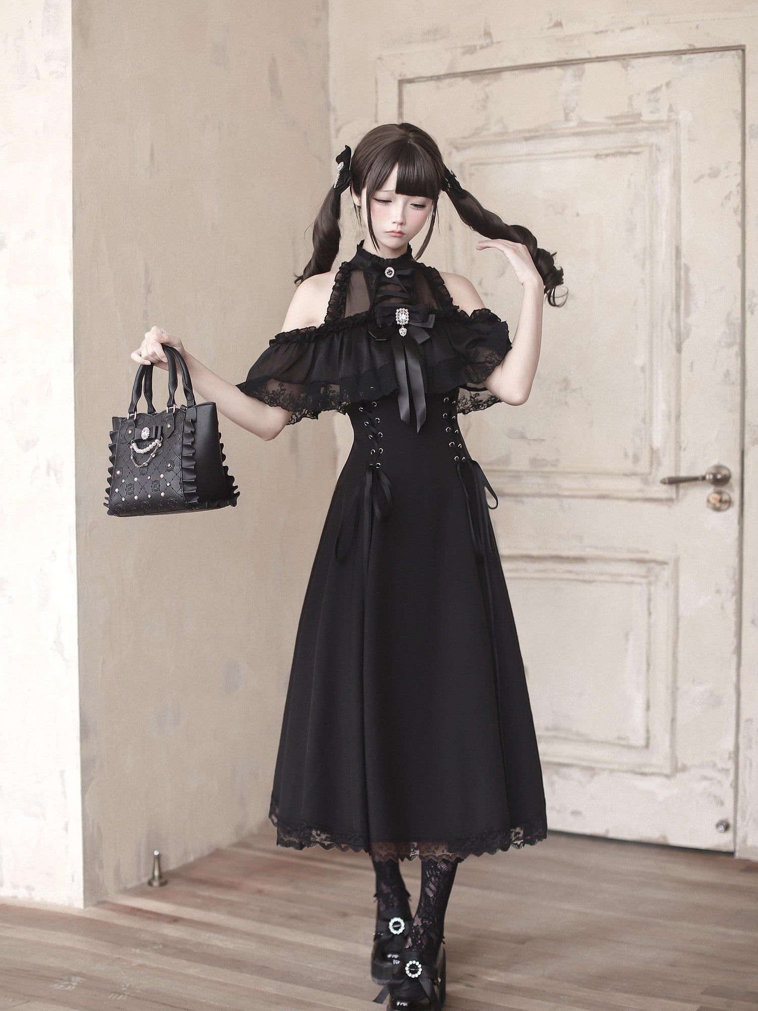 Ekomi Black A Line Stand Collar Bow Tie Women's Jsk / Jumper Skirts