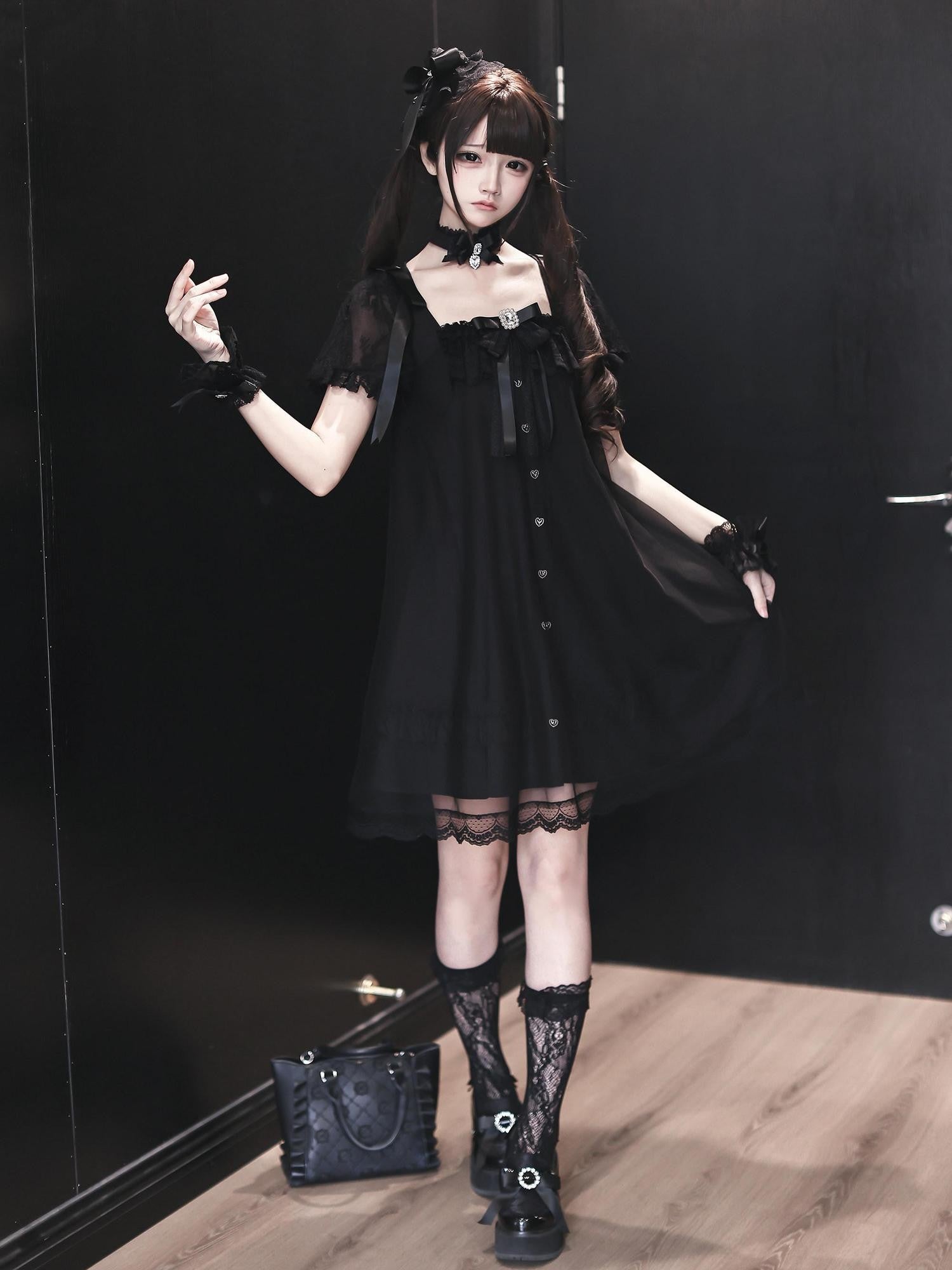 Ekomi Black Gothic Square Collar Women's A Line Lace Short Sleeve Op