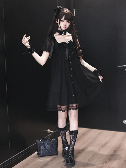 Ekomi Black Gothic Square Collar Women's A Line Lace Short Sleeve Op