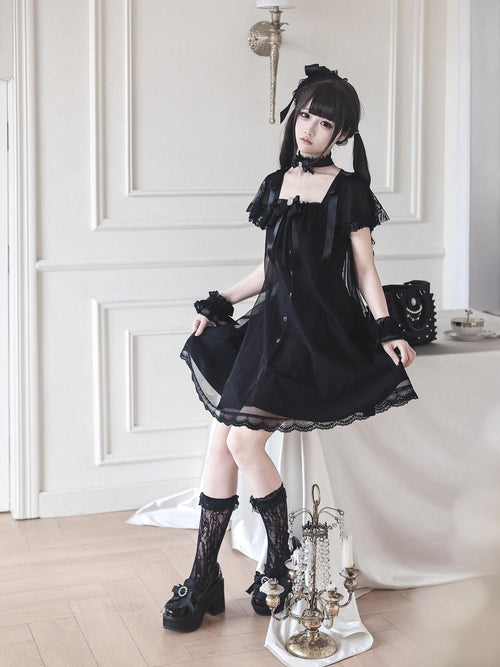 Ekomi Black Gothic Square Collar Women's A Line Lace Short Sleeve Op