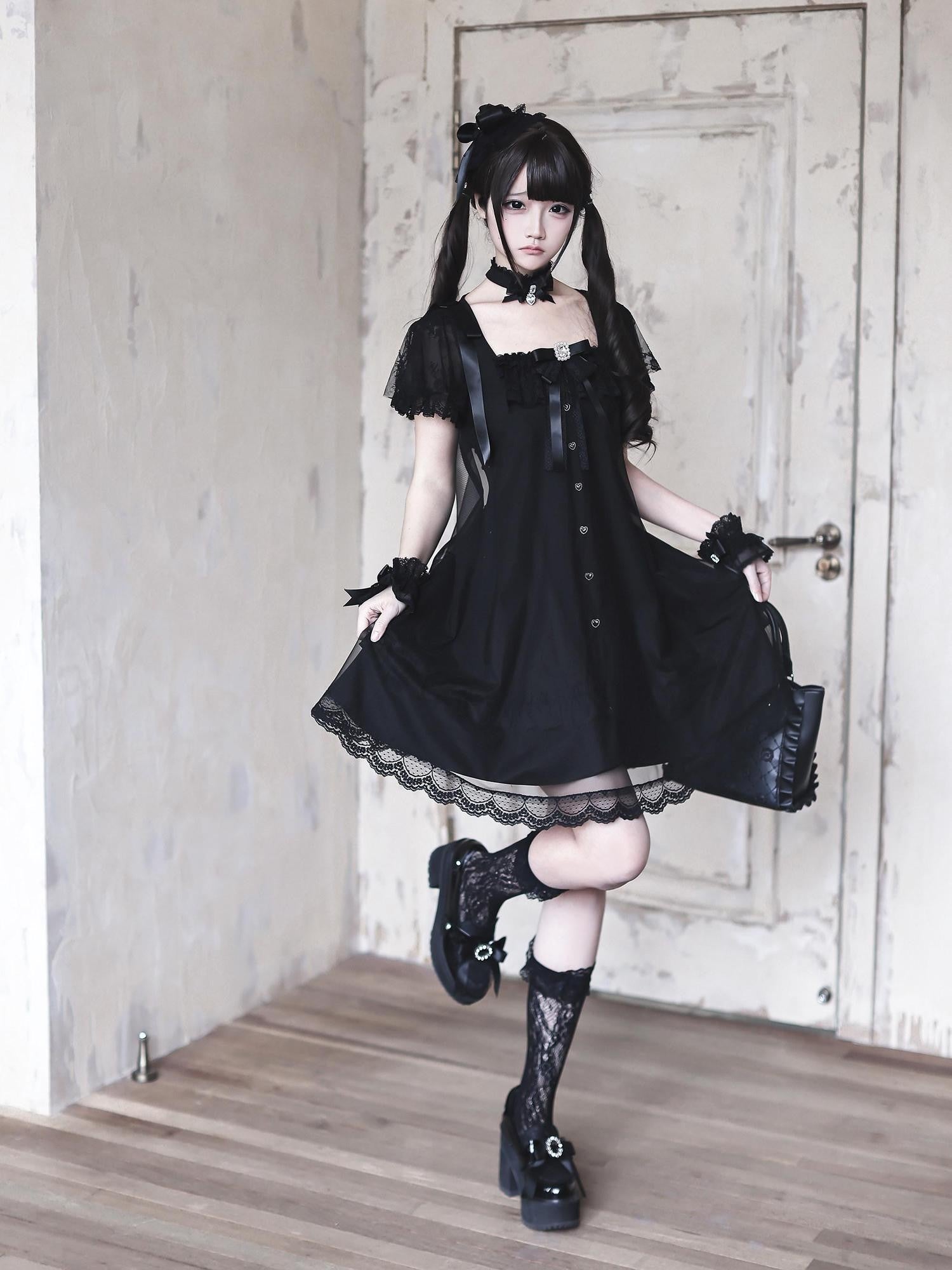 Ekomi Black Gothic Square Collar Women's A Line Lace Short Sleeve Op