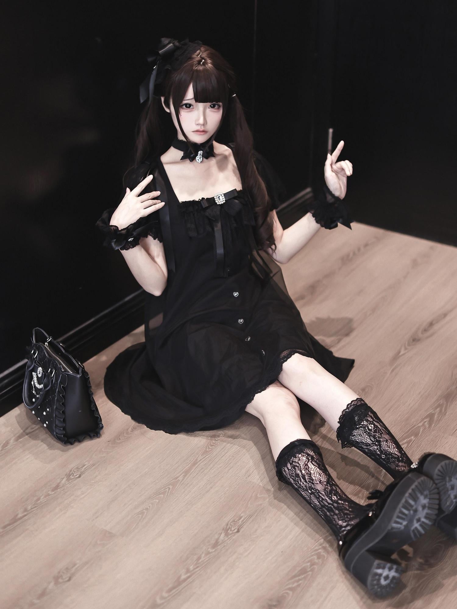 Ekomi Black Gothic Square Collar Women's A Line Lace Short Sleeve Op