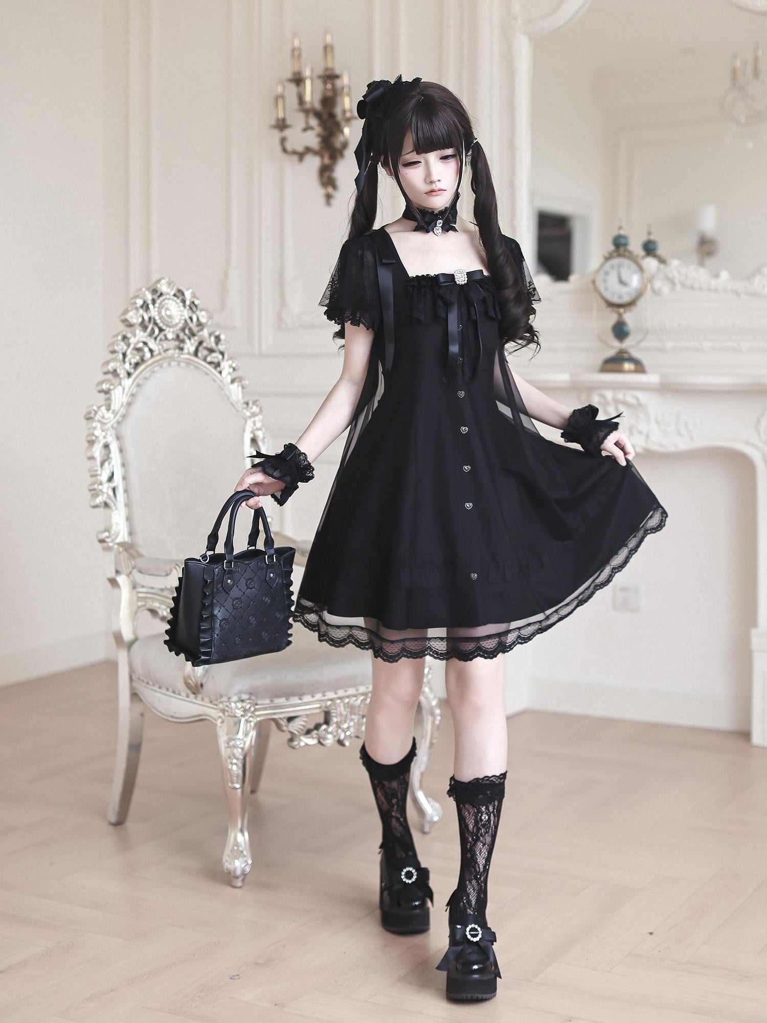 Ekomi Black Gothic Square Collar Women's A Line Lace Short Sleeve Op
