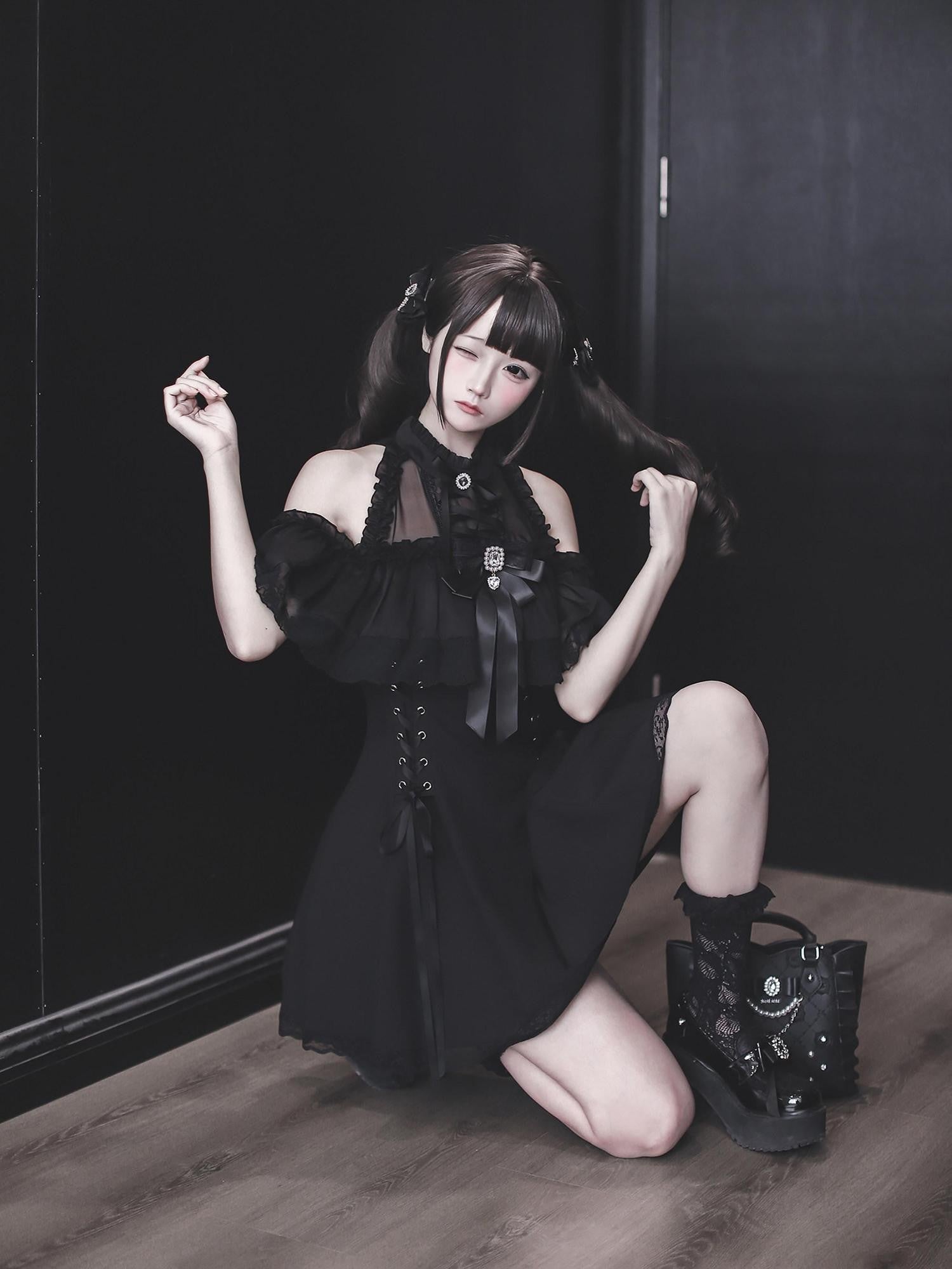 Ekomi Black Innocent Gothic Fitted A Line Round Neck Bow Women's Short Sleeve Op