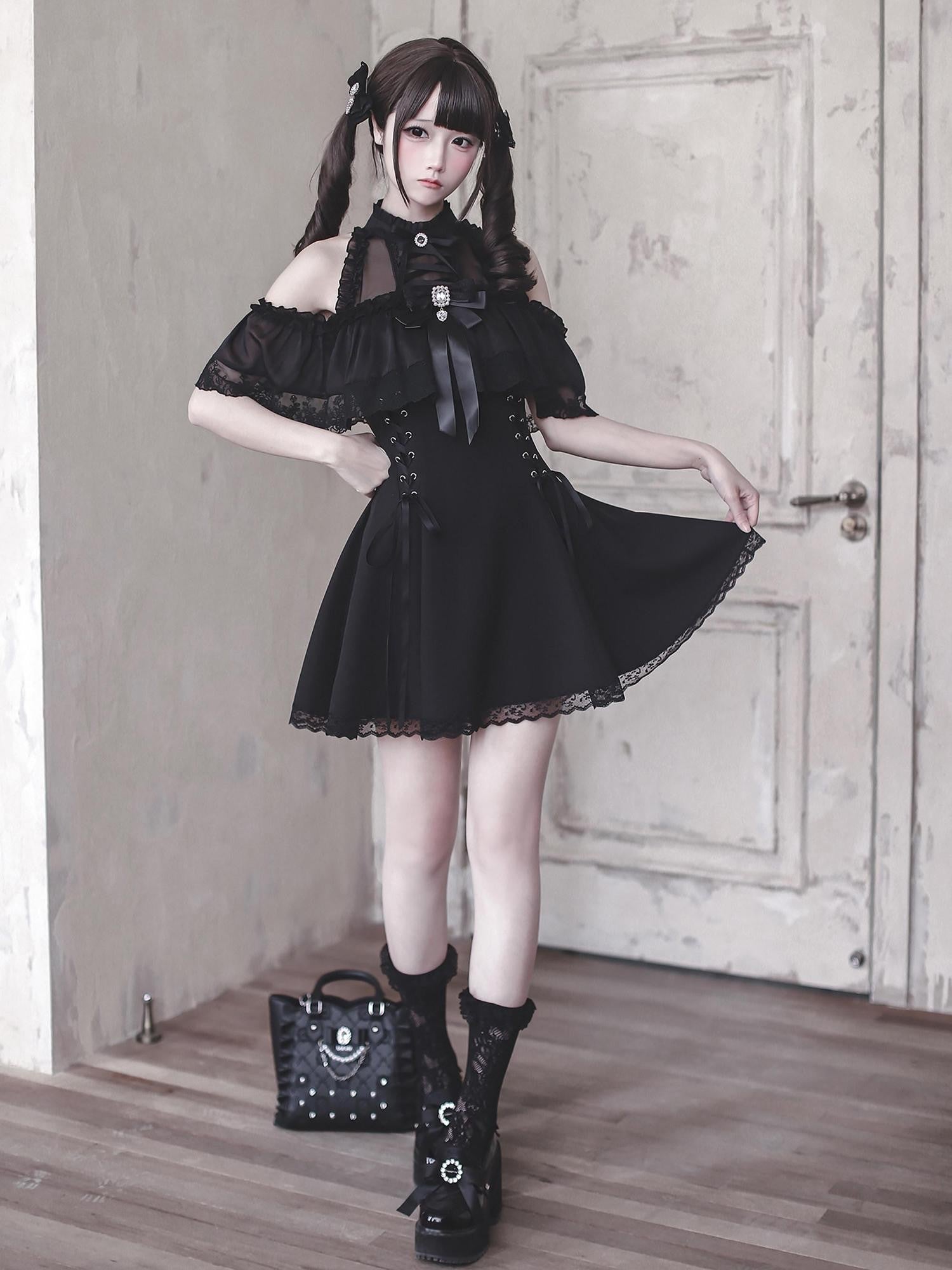 Ekomi Black Innocent Gothic Fitted A Line Round Neck Bow Women's Short Sleeve Op