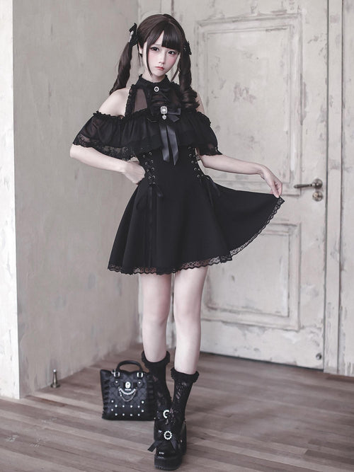 Ekomi Black Innocent Gothic Fitted A Line Round Neck Bow Women's Short Sleeve Op