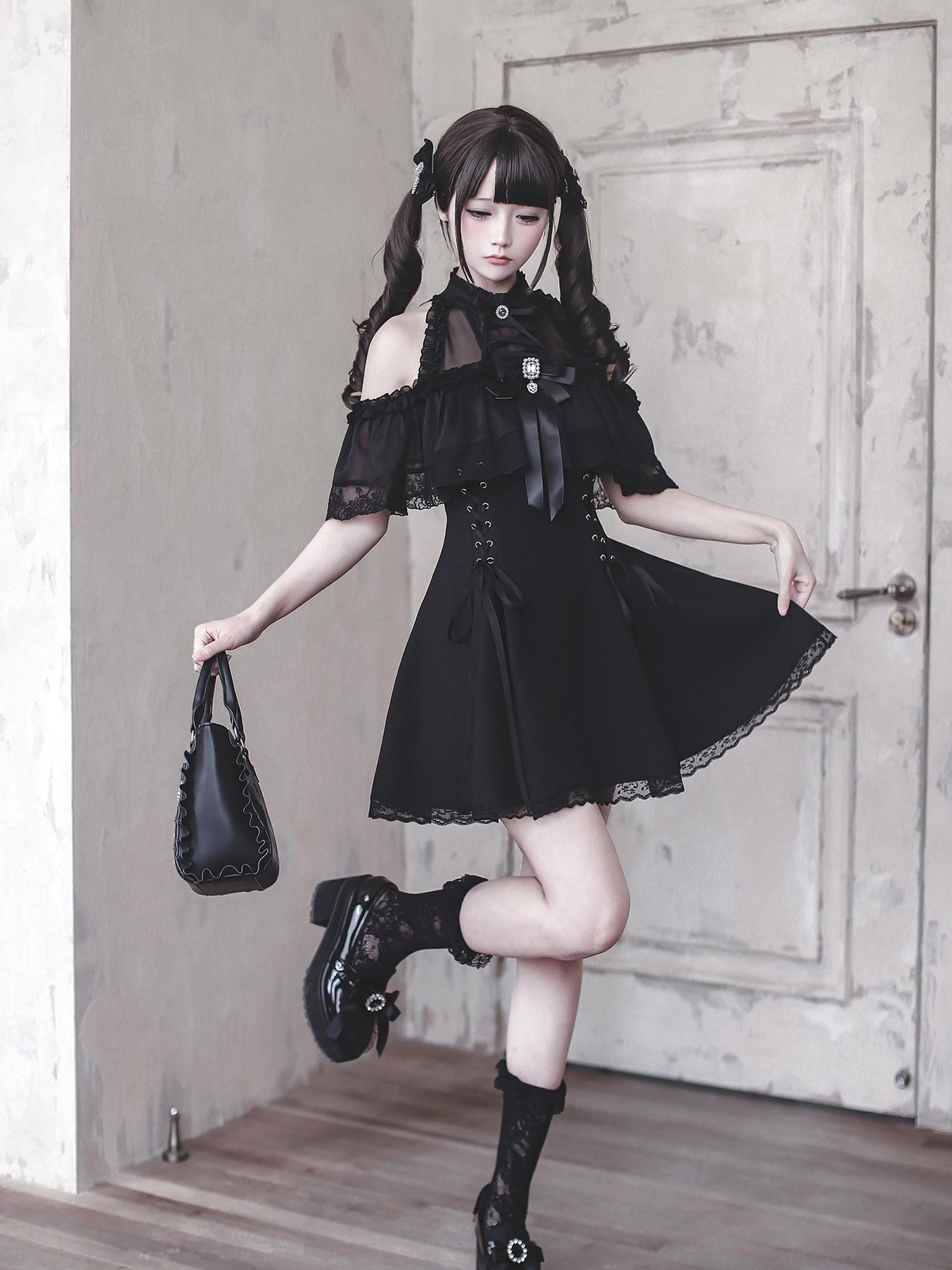 Ekomi Black Innocent Gothic Fitted A Line Round Neck Bow Women's Short Sleeve Op