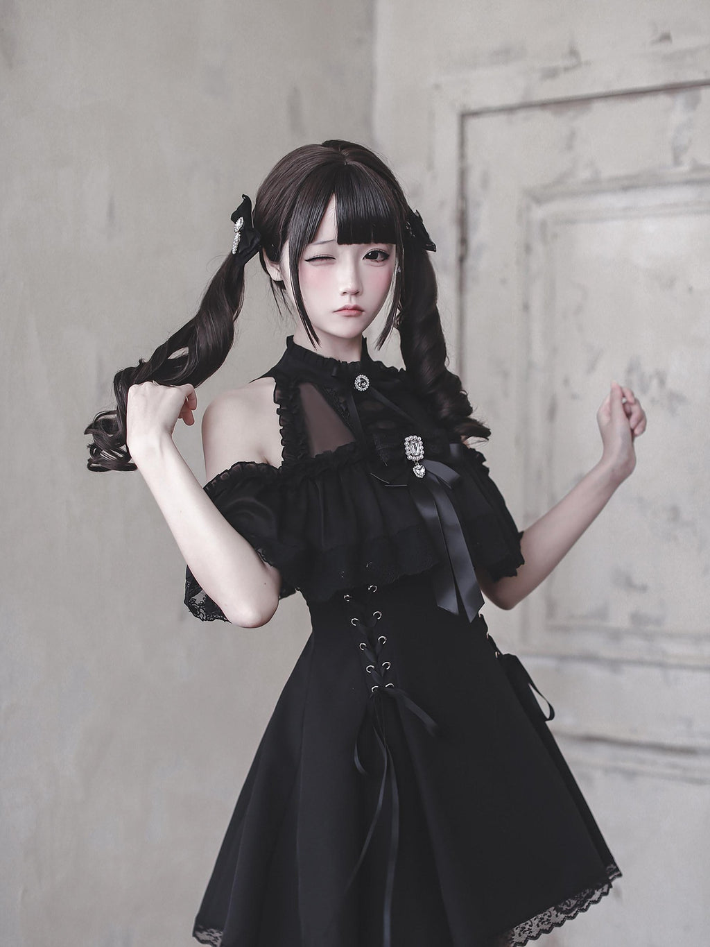 Ekomi Black Innocent Gothic Fitted A Line Round Neck Bow Women's Short Sleeve Op