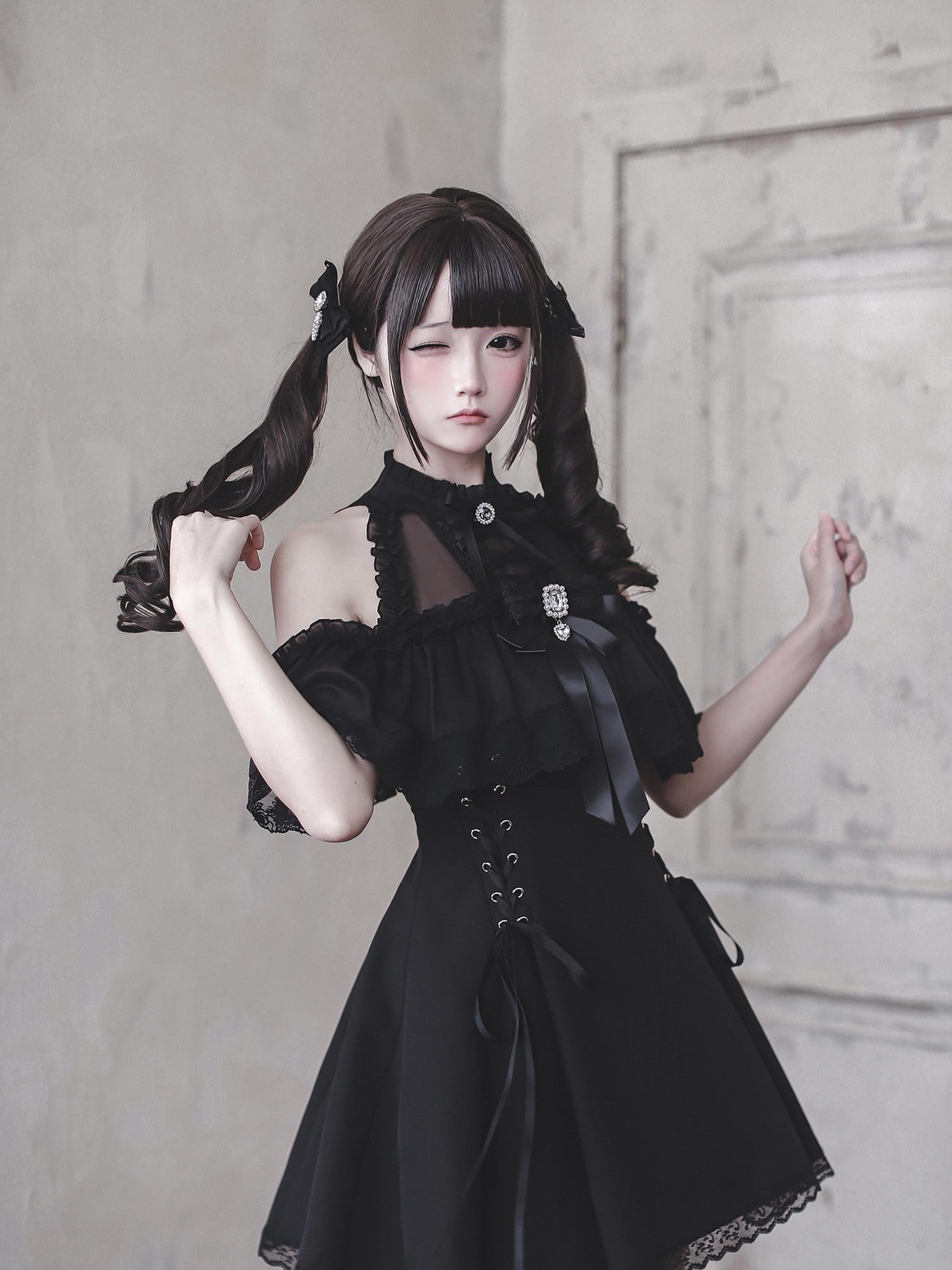 Ekomi Black Innocent Gothic Fitted A Line Round Neck Bow Women's Short Sleeve Op