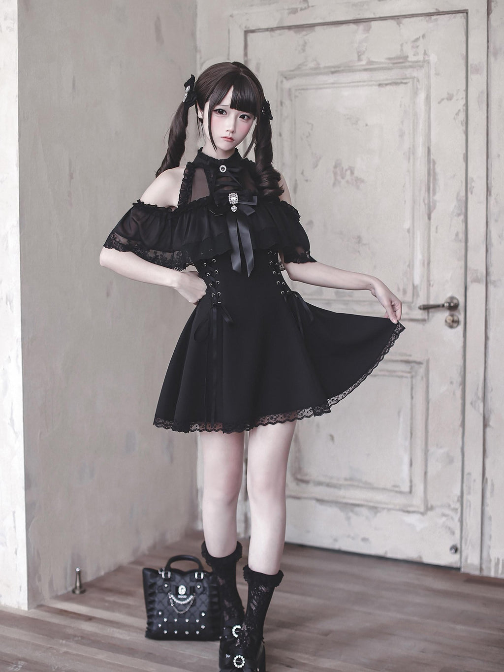 Ekomi Black Innocent Gothic Fitted A Line Round Neck Bow Women's Short Sleeve Op