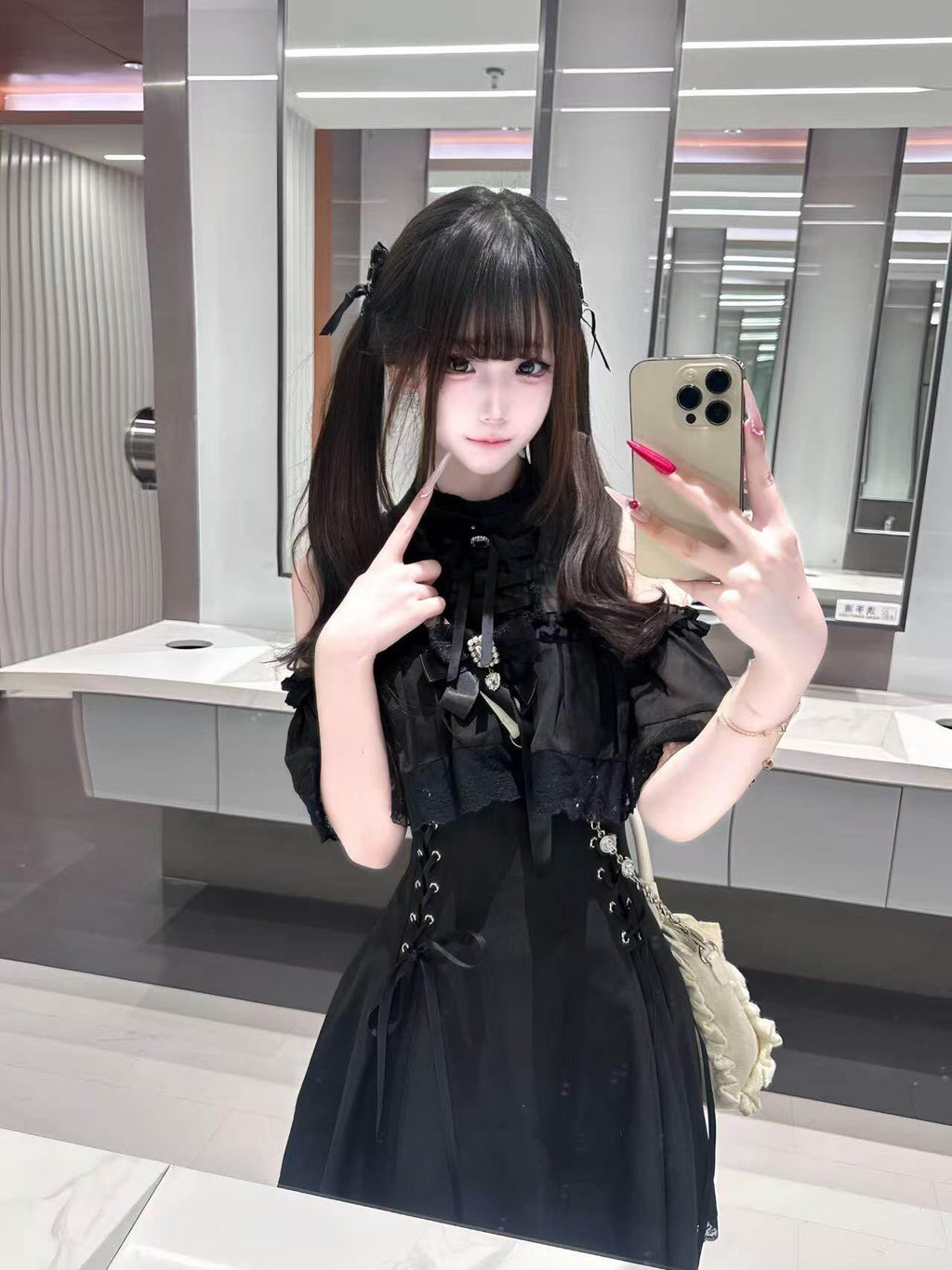 Ekomi Black Innocent Gothic Fitted A Line Round Neck Bow Women's Short Sleeve Op