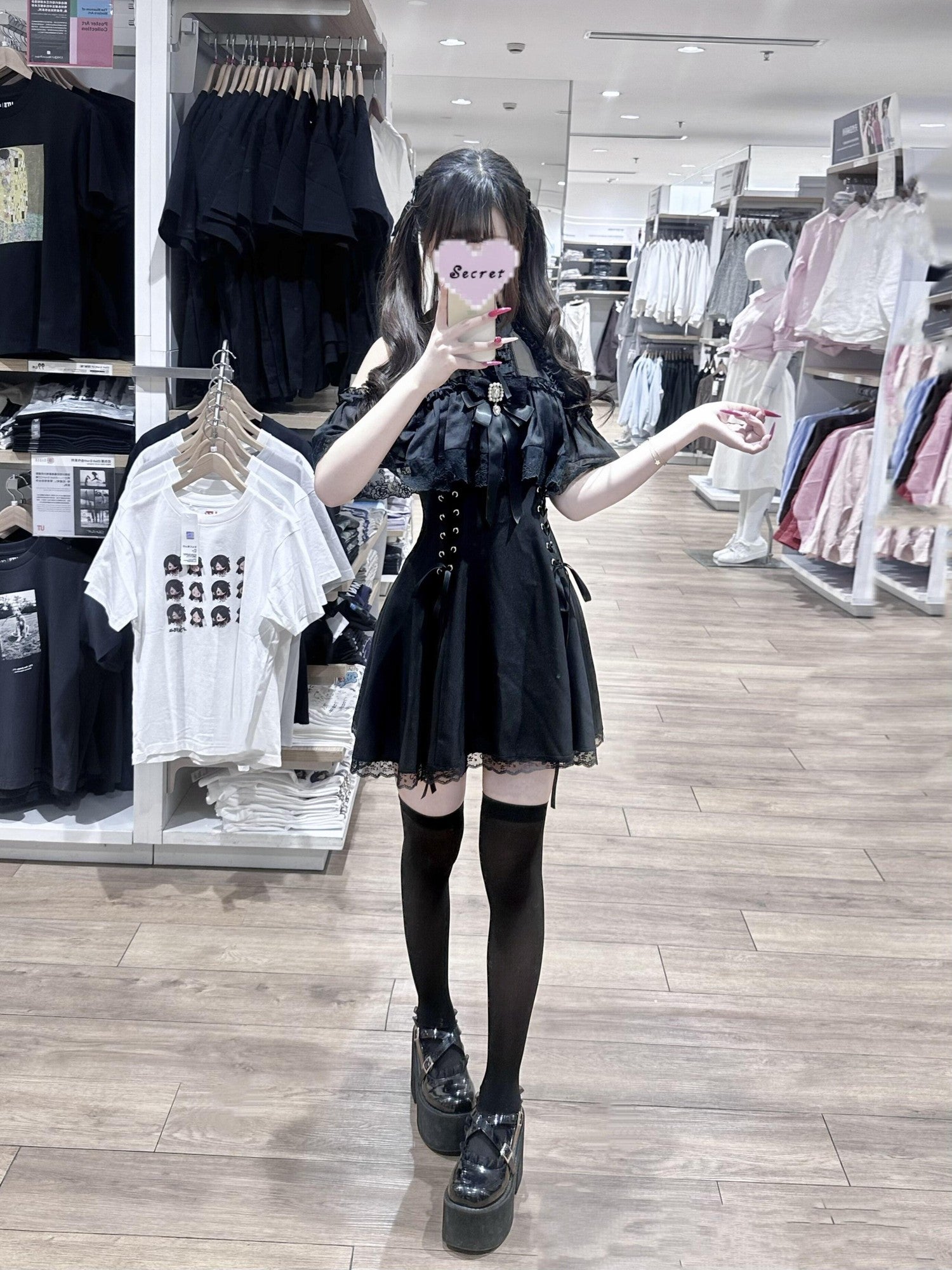 Ekomi Black Innocent Gothic Fitted A Line Round Neck Bow Women's Short Sleeve Op