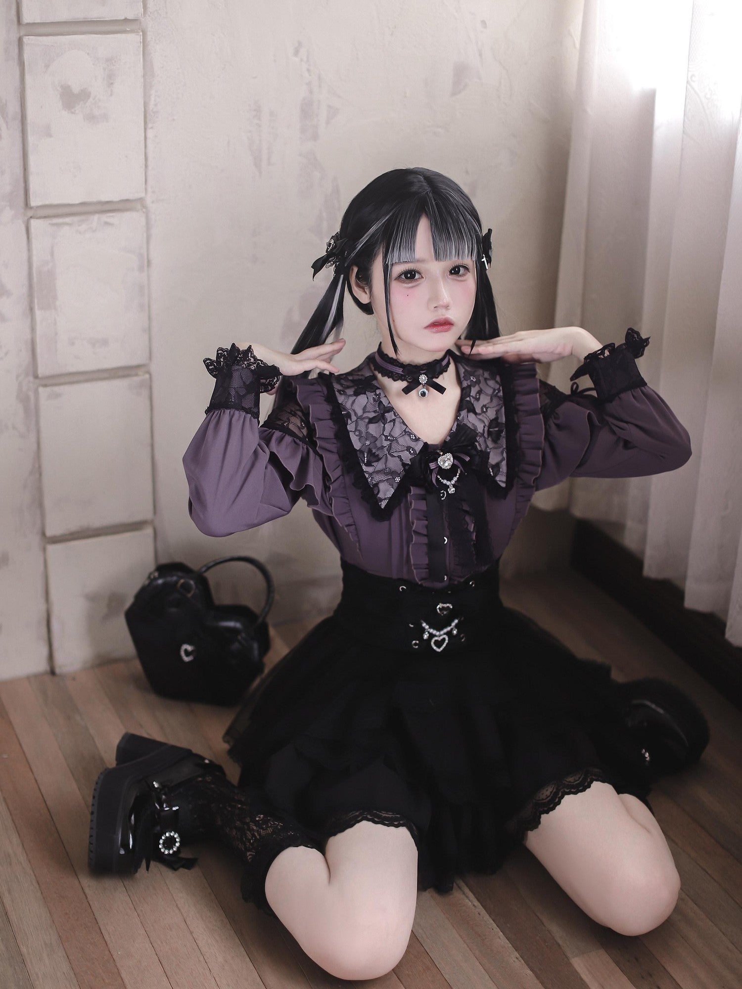 Ekomi Black Pink Japanese Subculture Colorblock Women's Lace Skirts