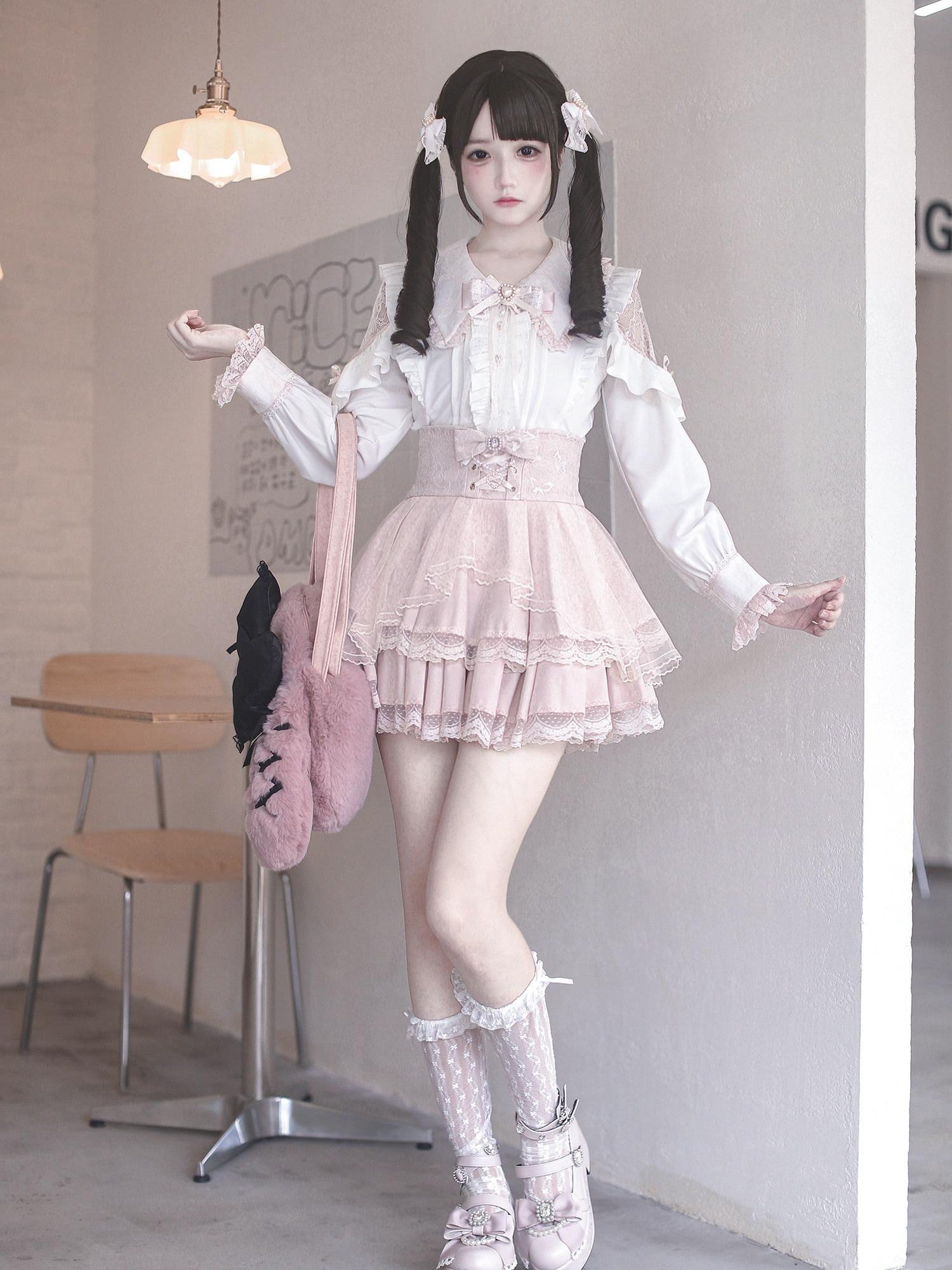 Ekomi Black Pink Japanese Subculture Colorblock Women's Lace Skirts
