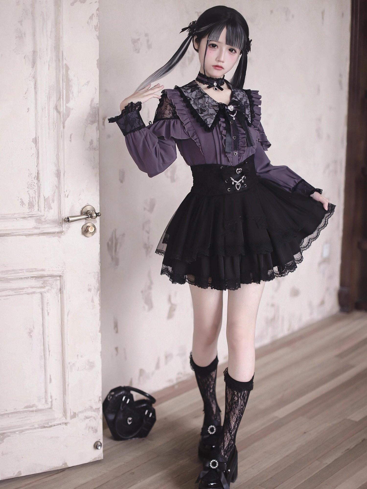 Ekomi Black Pink Japanese Subculture Colorblock Women's Lace Skirts