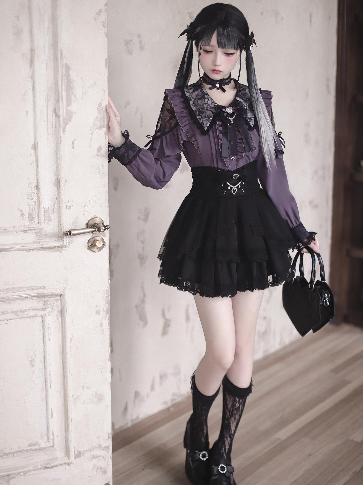 Ekomi Black Pink Japanese Subculture Colorblock Women's Lace Skirts