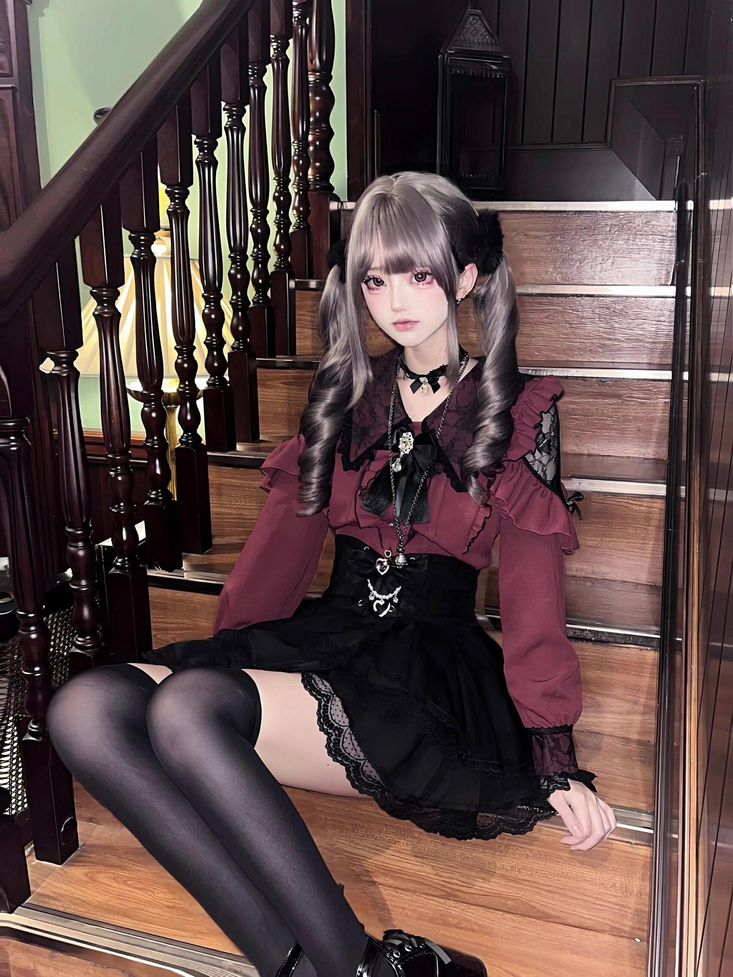 Ekomi Black Pink Two Tone Japanese Subculture Dream Romance Women's Lace Skirts