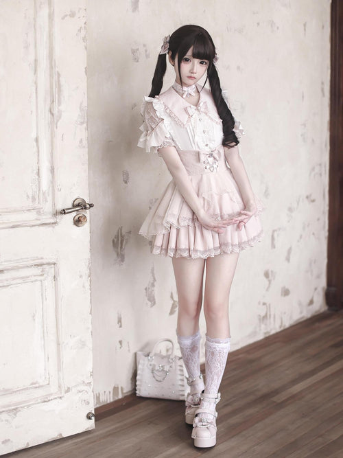 Ekomi Black Pink Two Tone Lace Trim Japanese Subculture Women's Short Sleeve Op