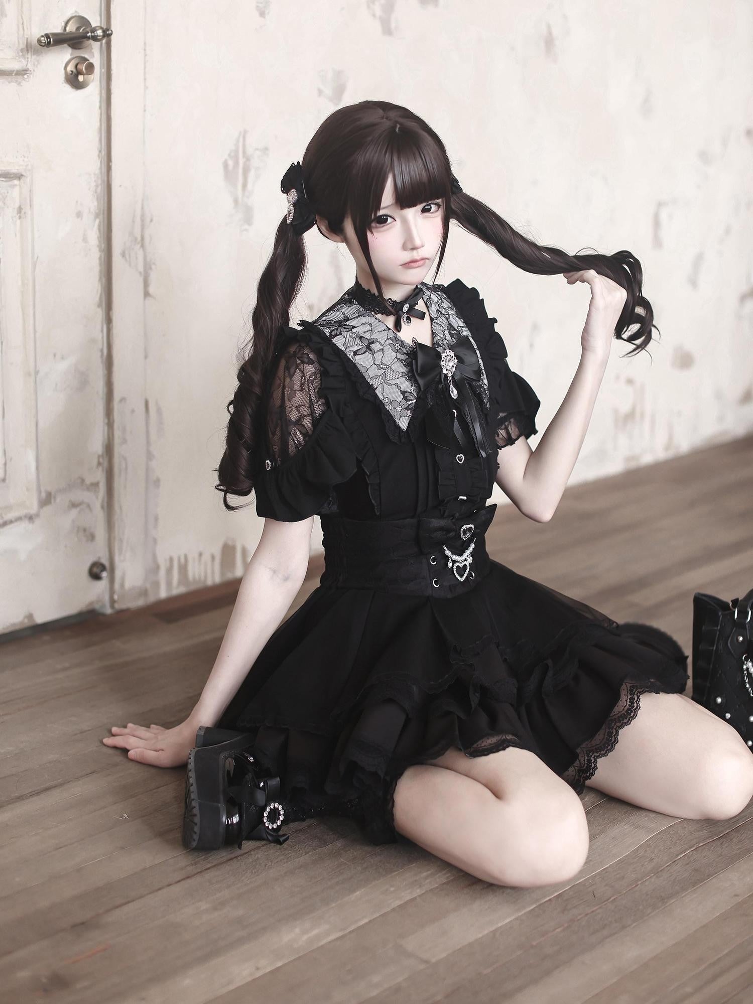 Ekomi Black Pink Two Tone Lace Trim Japanese Subculture Women's Short Sleeve Op