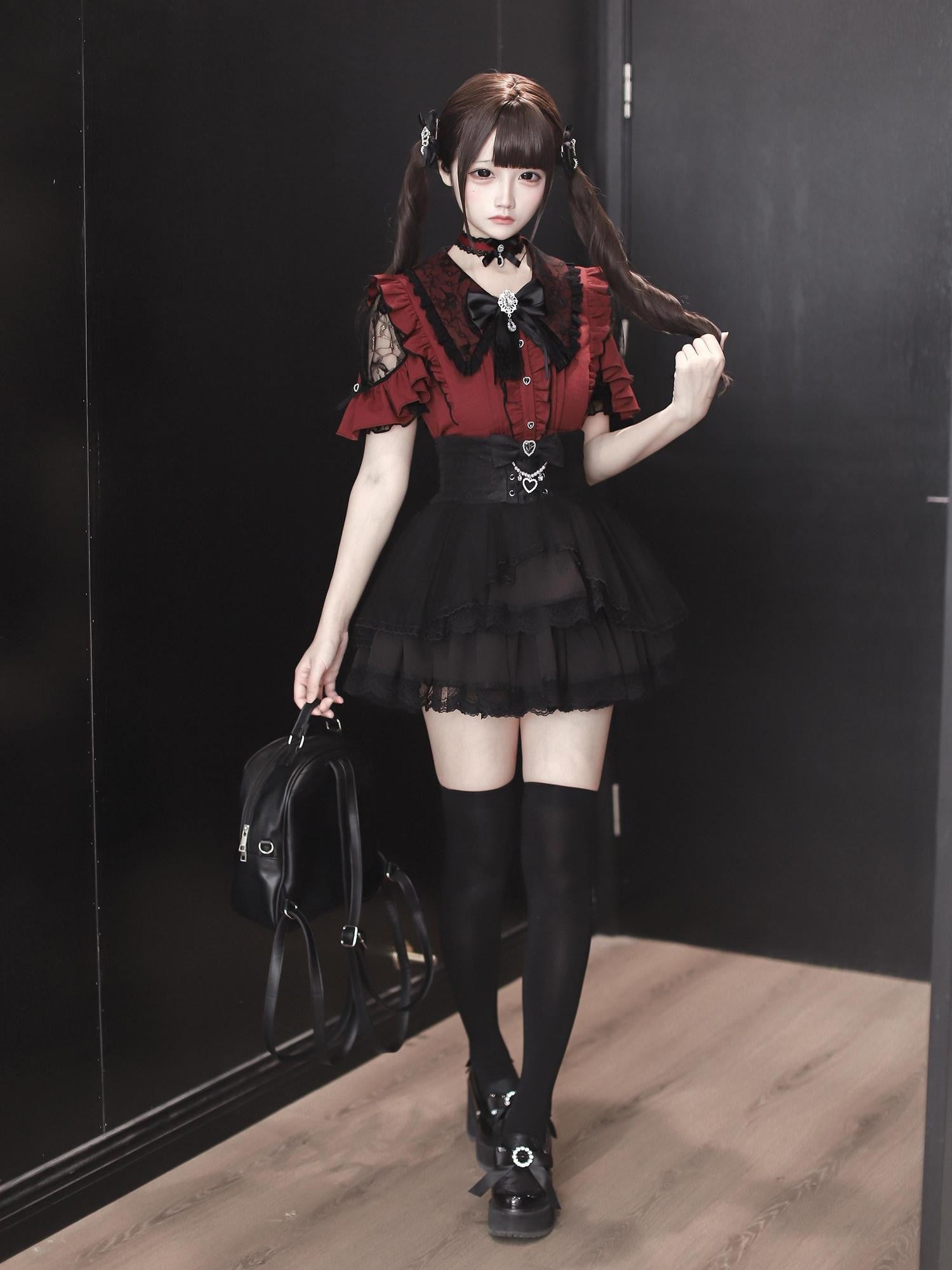 Ekomi Black Pink Two Tone Lace Trim Japanese Subculture Women's Short Sleeve Op