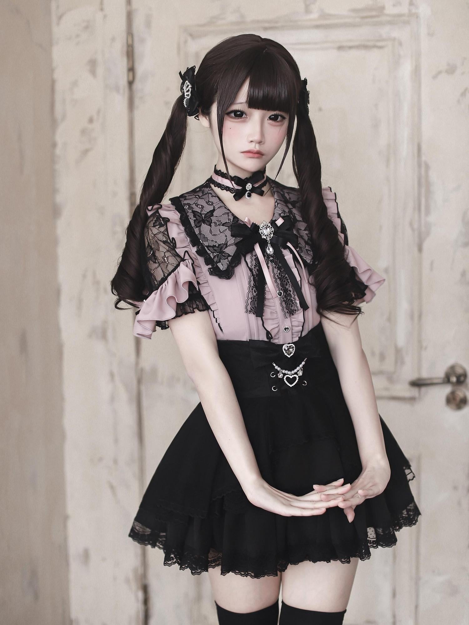 Ekomi Black Pink Two Tone Lace Trim Japanese Subculture Women's Short Sleeve Op