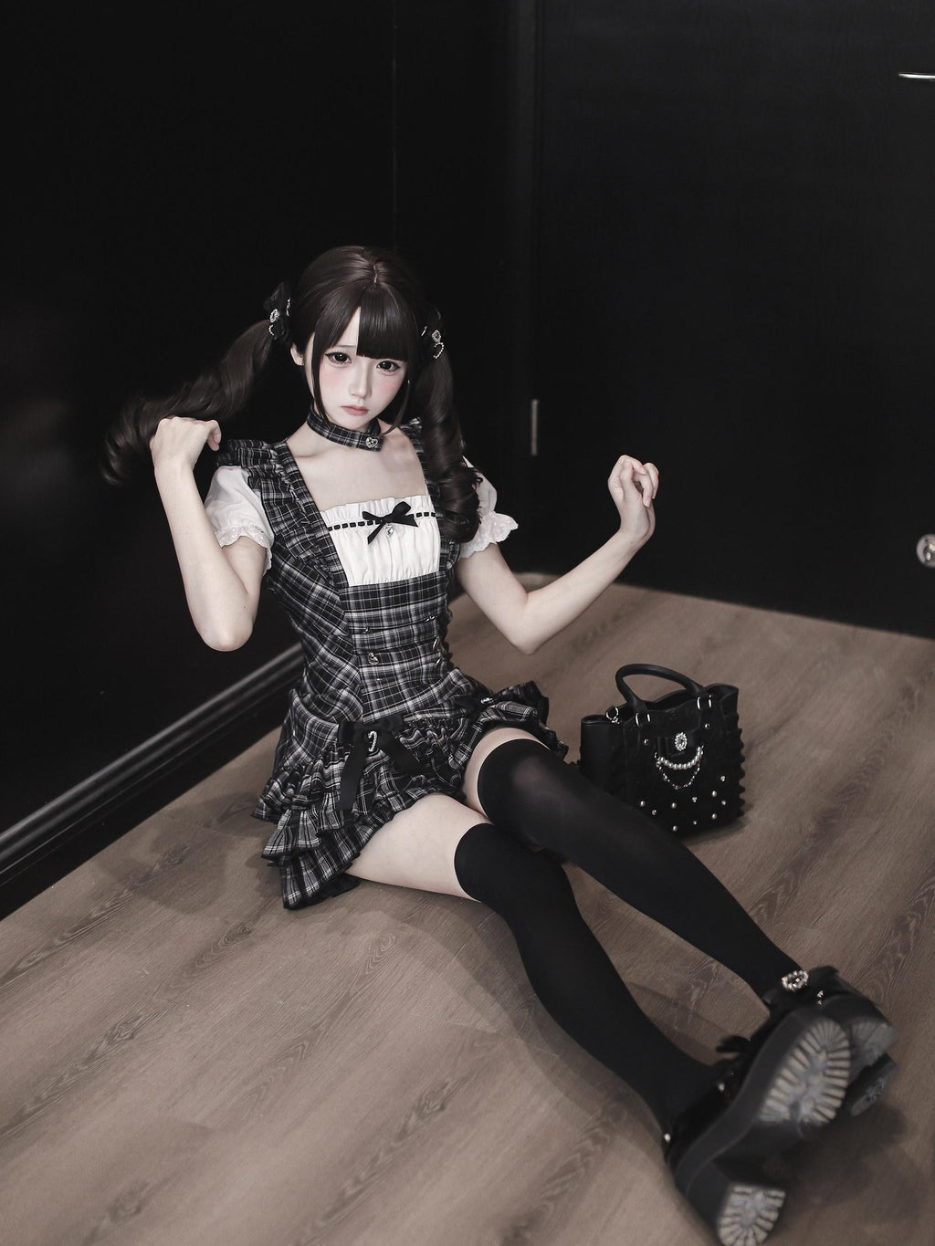 Ekomi Black Plaid Japanese Subculture A Line Round Neck Women's Short Sleeve Op