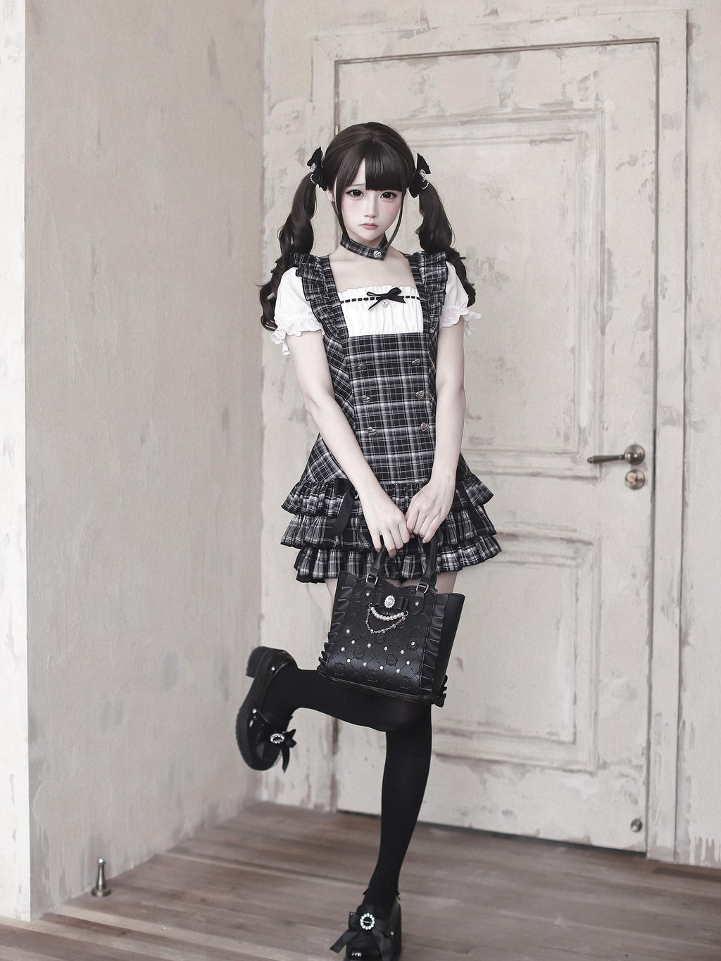Ekomi Black Plaid Japanese Subculture A Line Round Neck Women's Short Sleeve Op