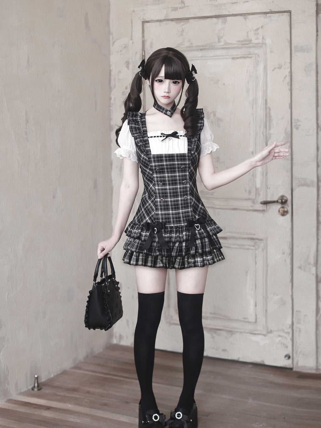 Ekomi Black Plaid Japanese Subculture A Line Round Neck Women's Short Sleeve Op