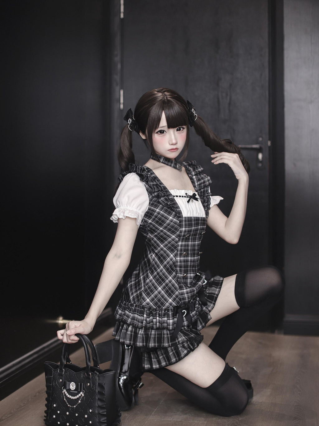 Ekomi Black Plaid Japanese Subculture A Line Round Neck Women's Short Sleeve Op