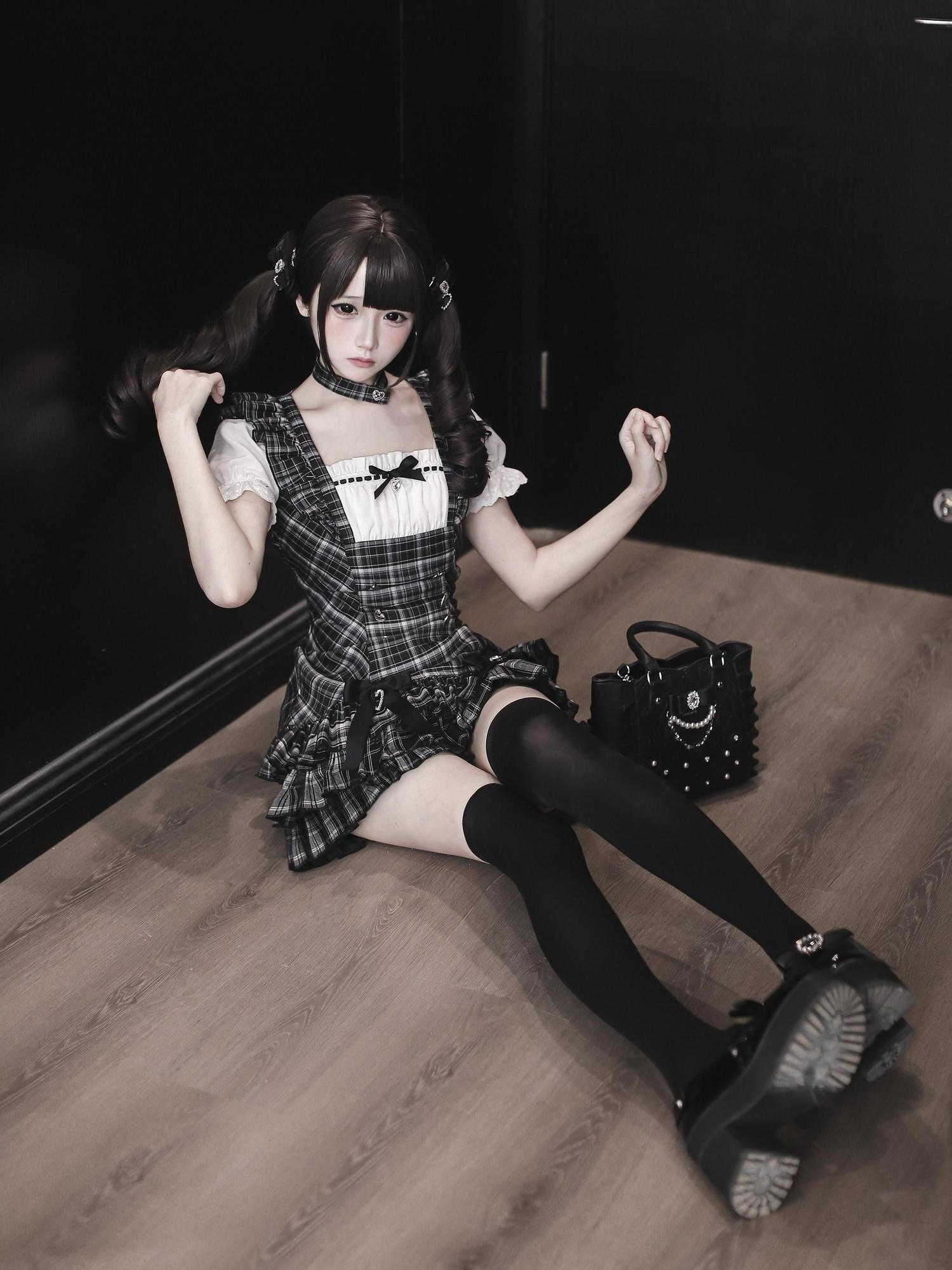 Ekomi Black Plaid Japanese Subculture A Line Round Neck Women's Short Sleeve Op