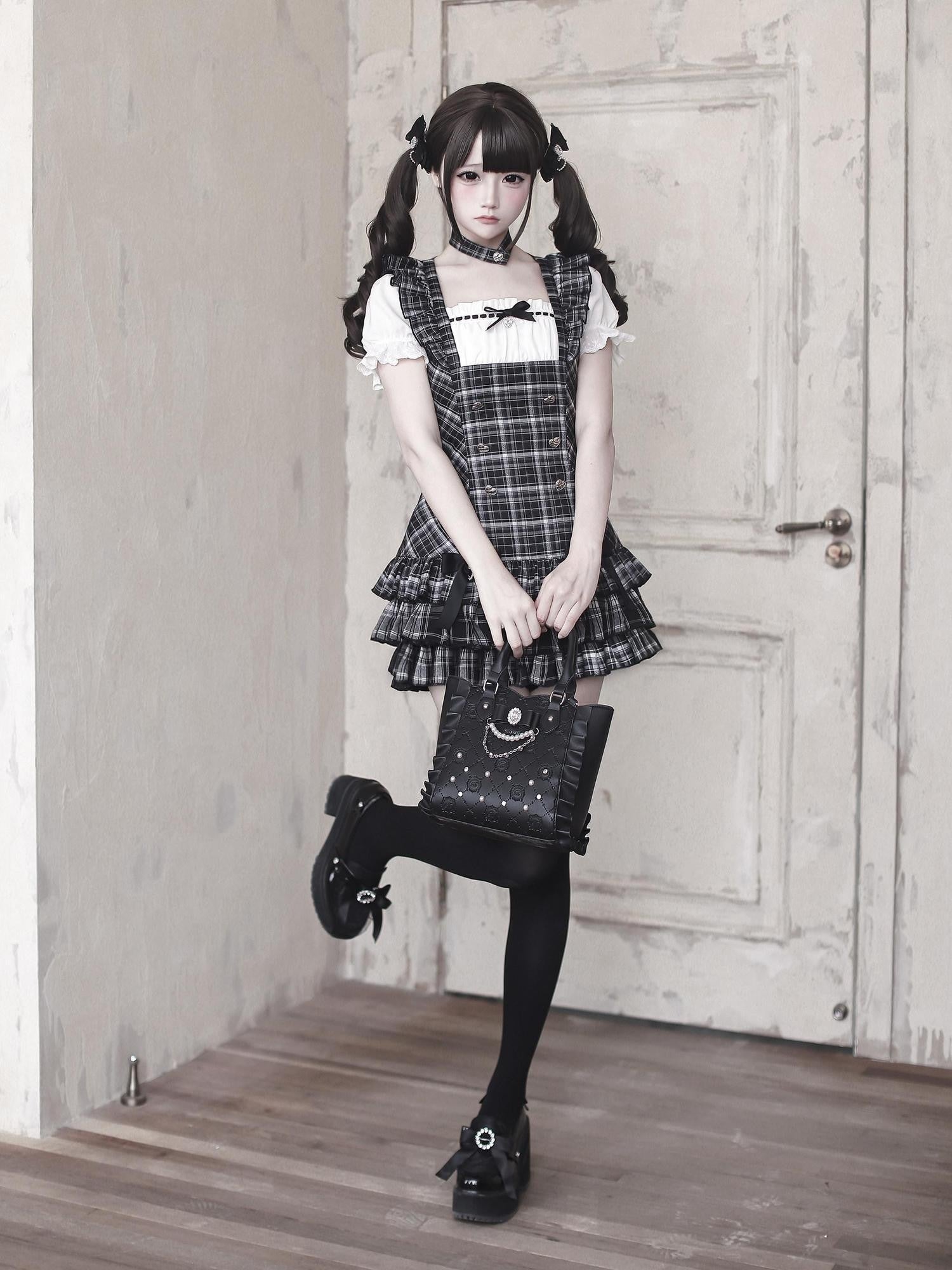 Ekomi Black Plaid Japanese Subculture A Line Round Neck Women's Short Sleeve Op