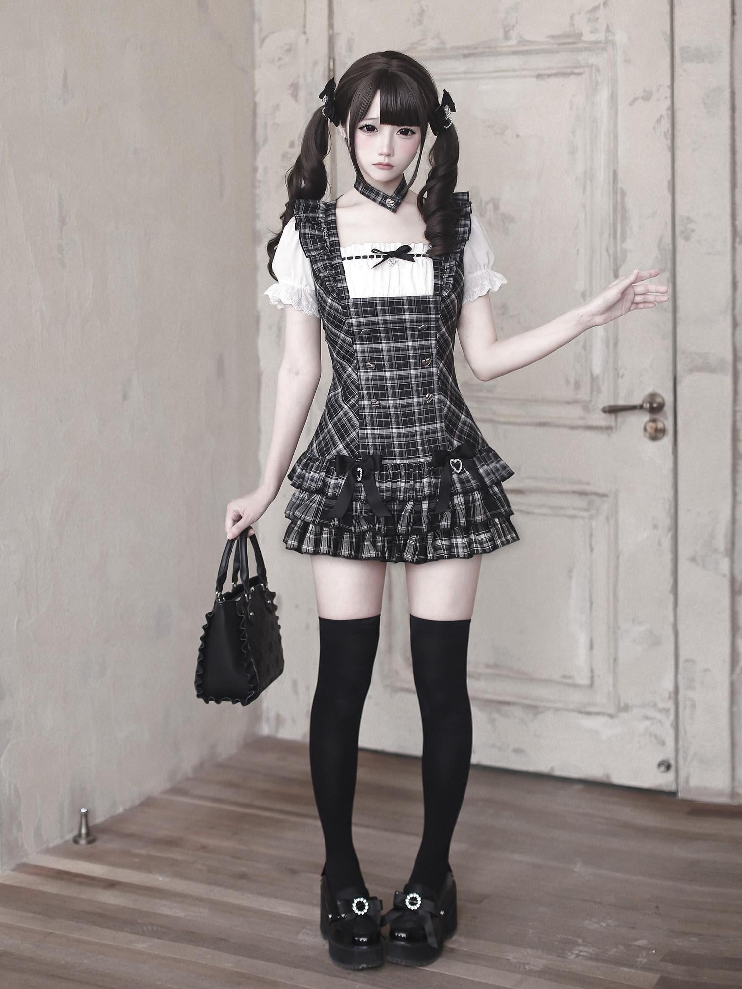 Ekomi Black Plaid Japanese Subculture A Line Round Neck Women's Short Sleeve Op