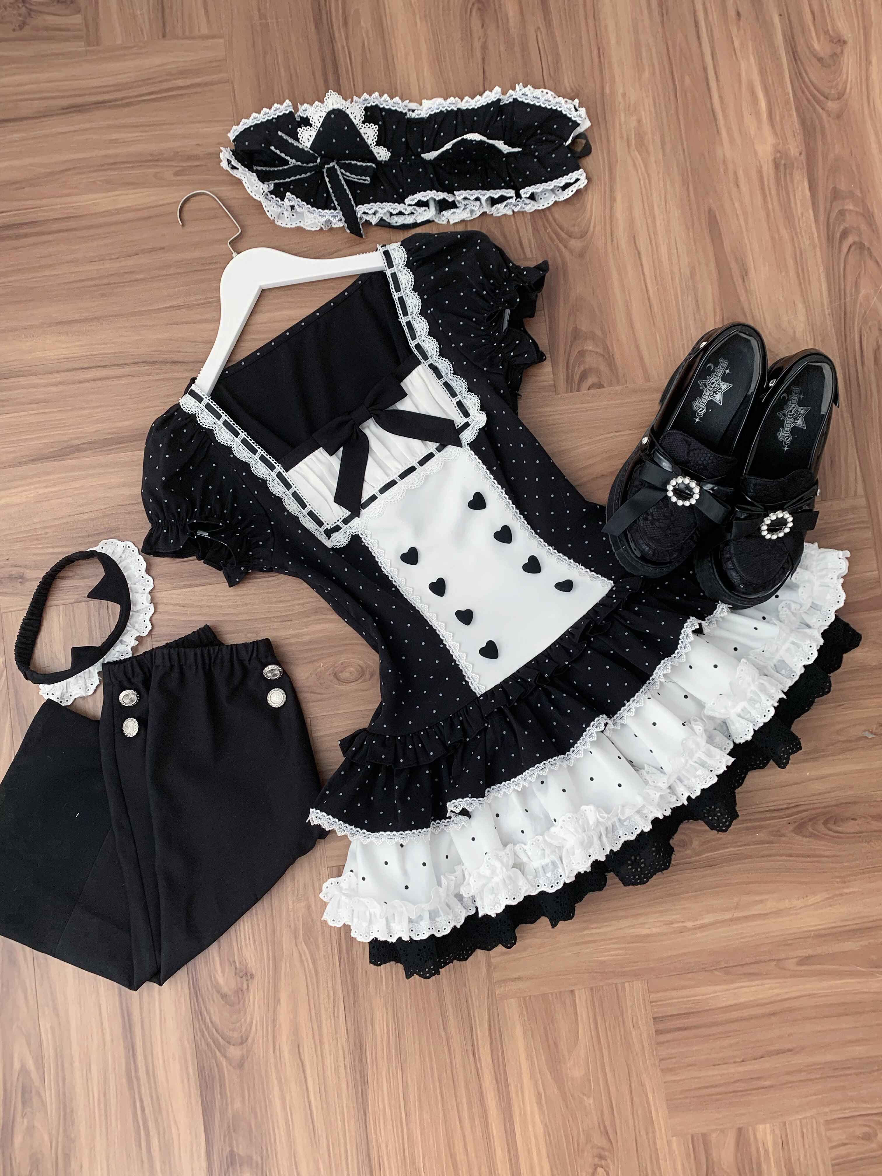 Ekomi_Black_Polka_Dot_Cat_Square_Neck_Cake_Skirt_Low_Waist_Women's_Short_Sleeve_Op_1052535289367_MISSTT