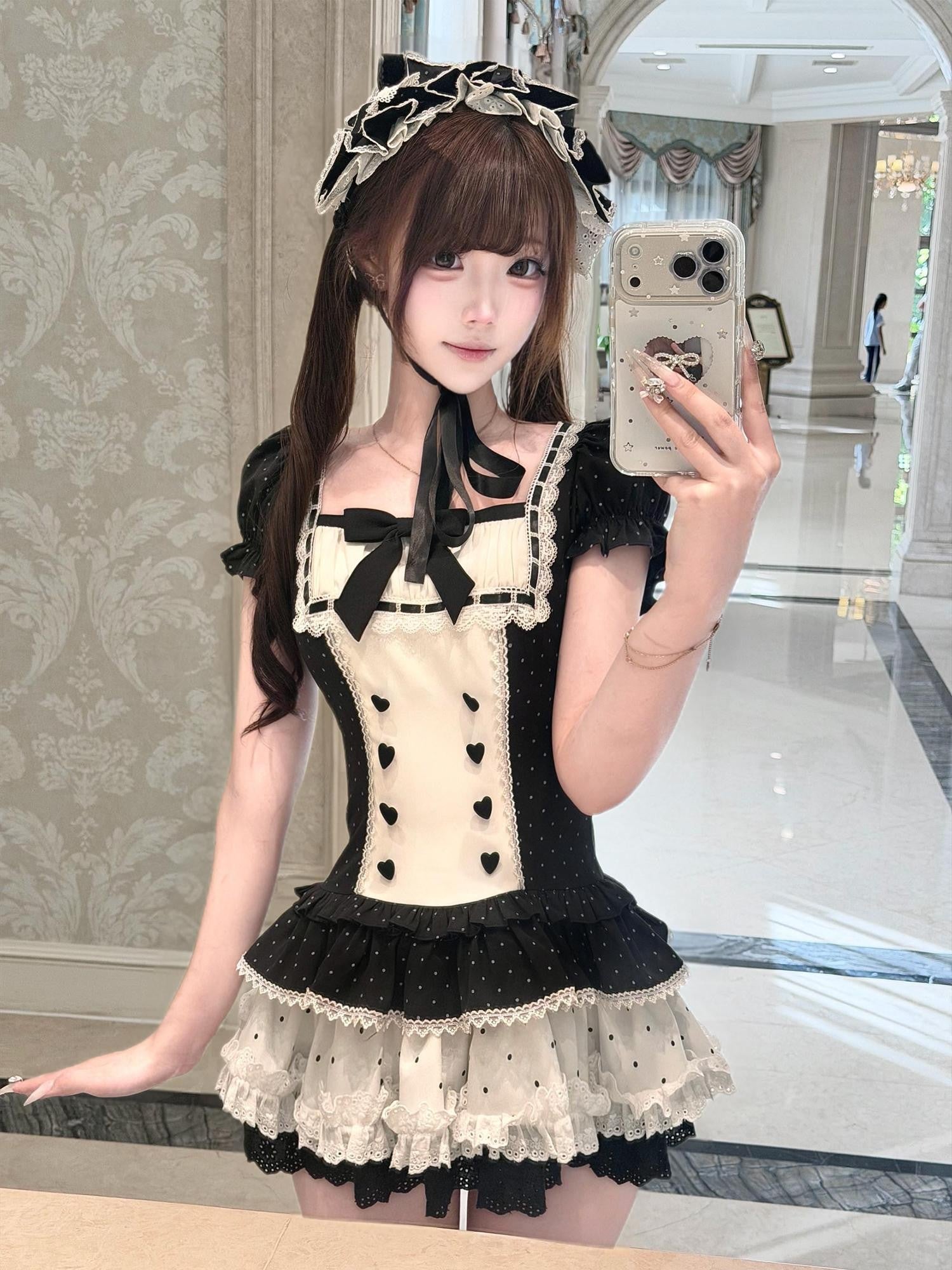 Ekomi Black Polka Dot Cat Square Neck Cake Skirt Low Waist Women's Short Sleeve Op