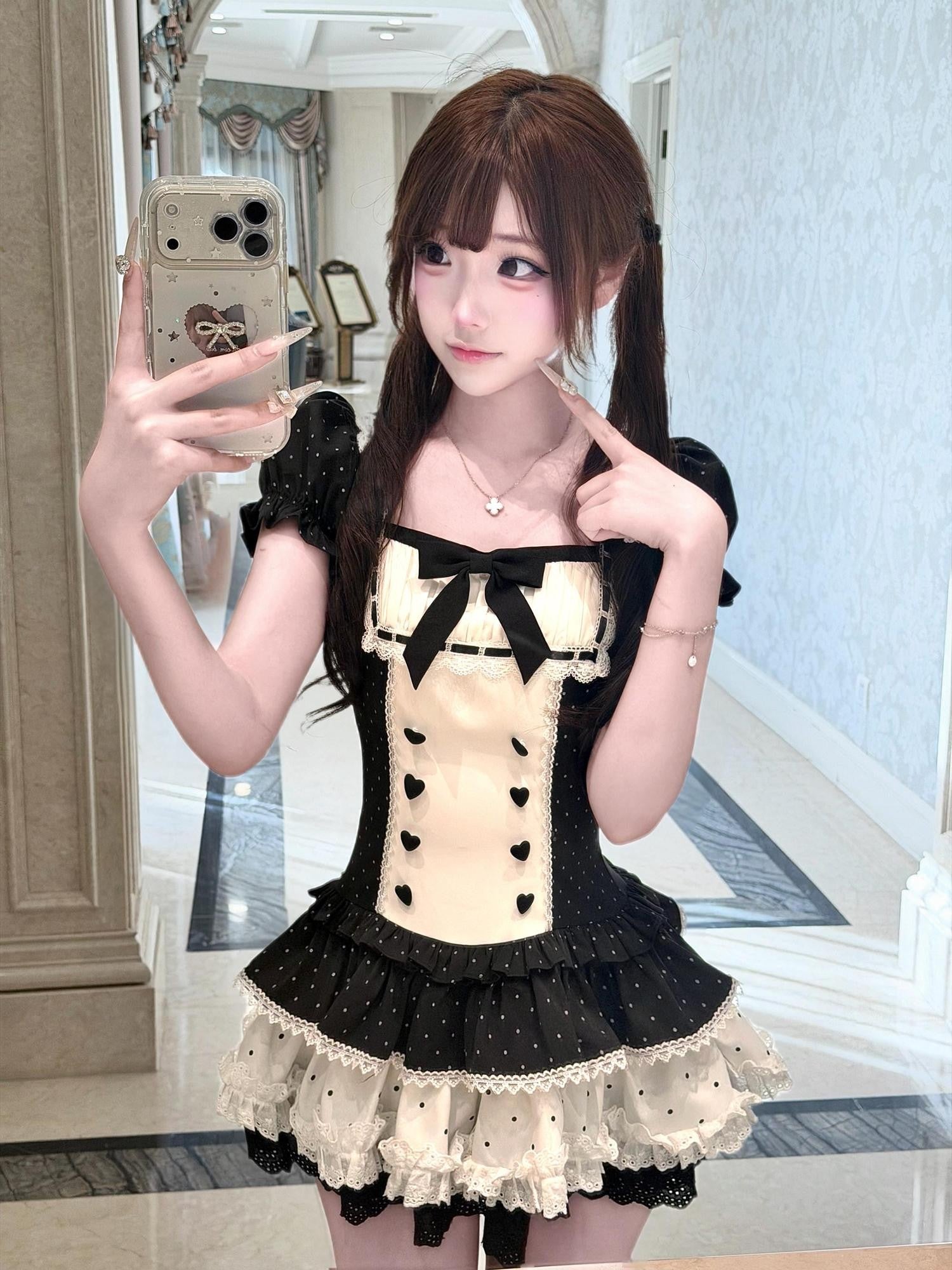 Ekomi Black Polka Dot Cat Square Neck Cake Skirt Low Waist Women's Short Sleeve Op