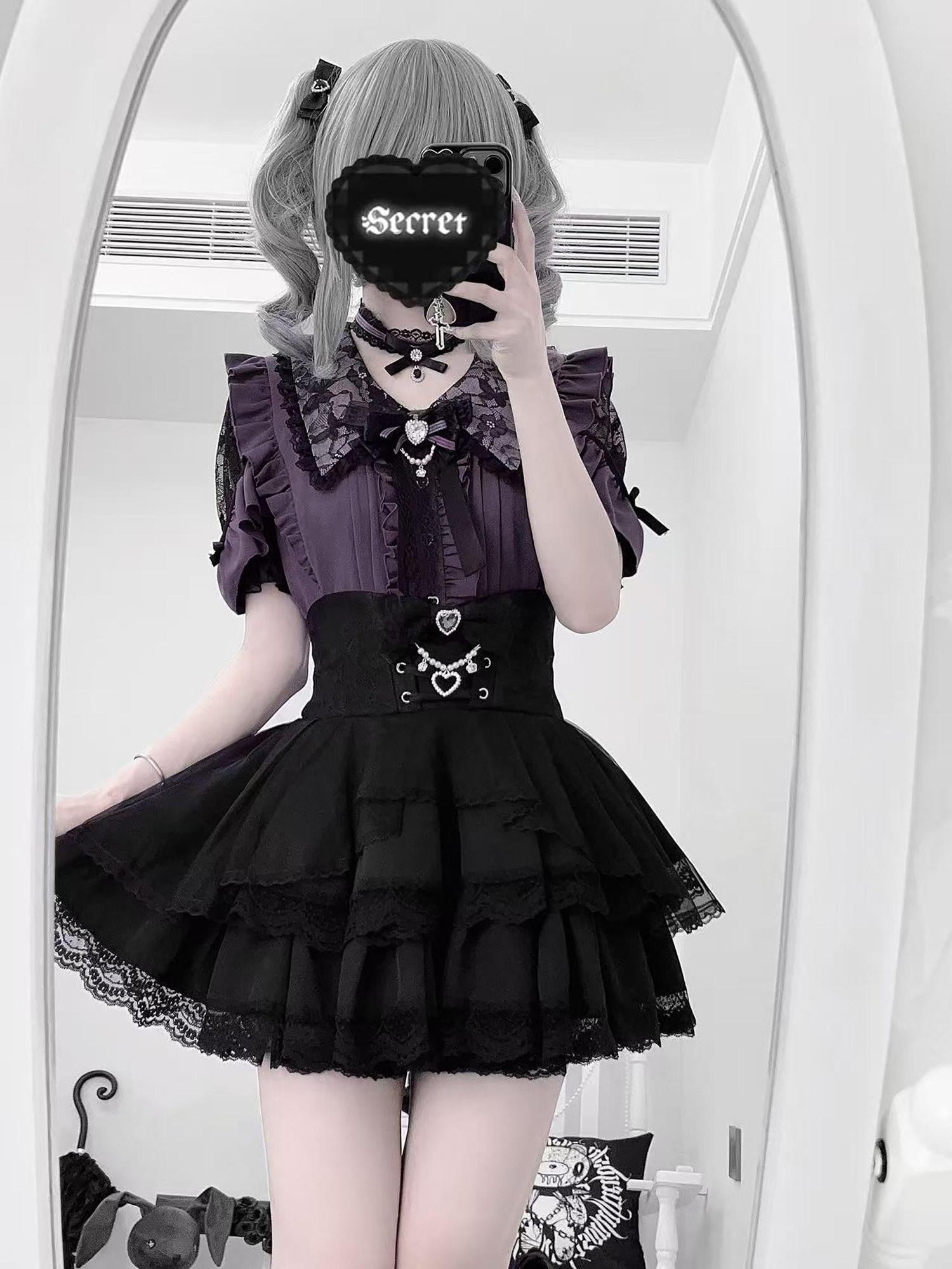 Ekomi Black Purple Square Neck Lace Princess Slim Women's Short Sleeve Op