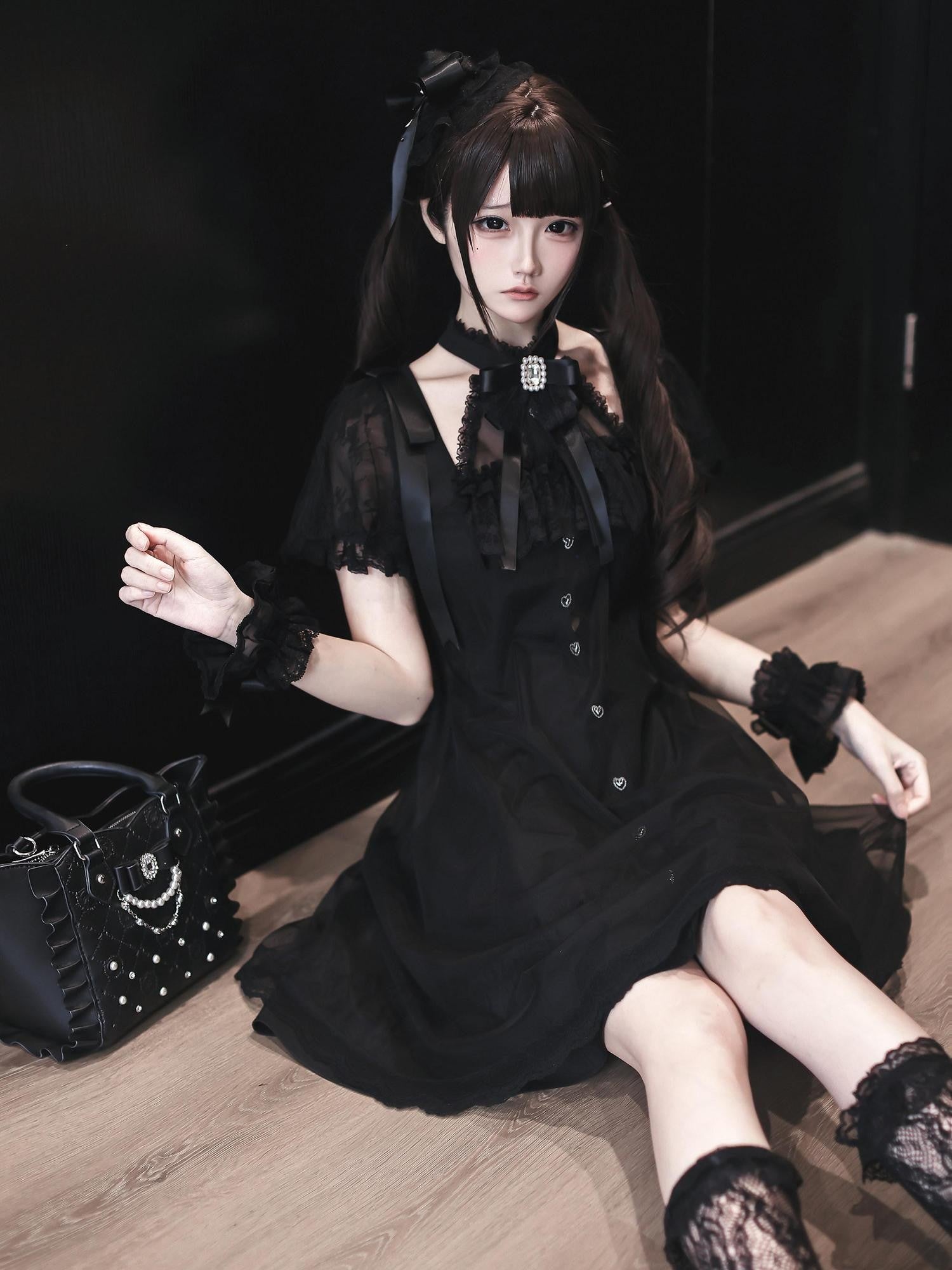 Ekomi Black Tulle Overlay Gothic Halter A Line Slim Women's Lace Short Sleeve Op