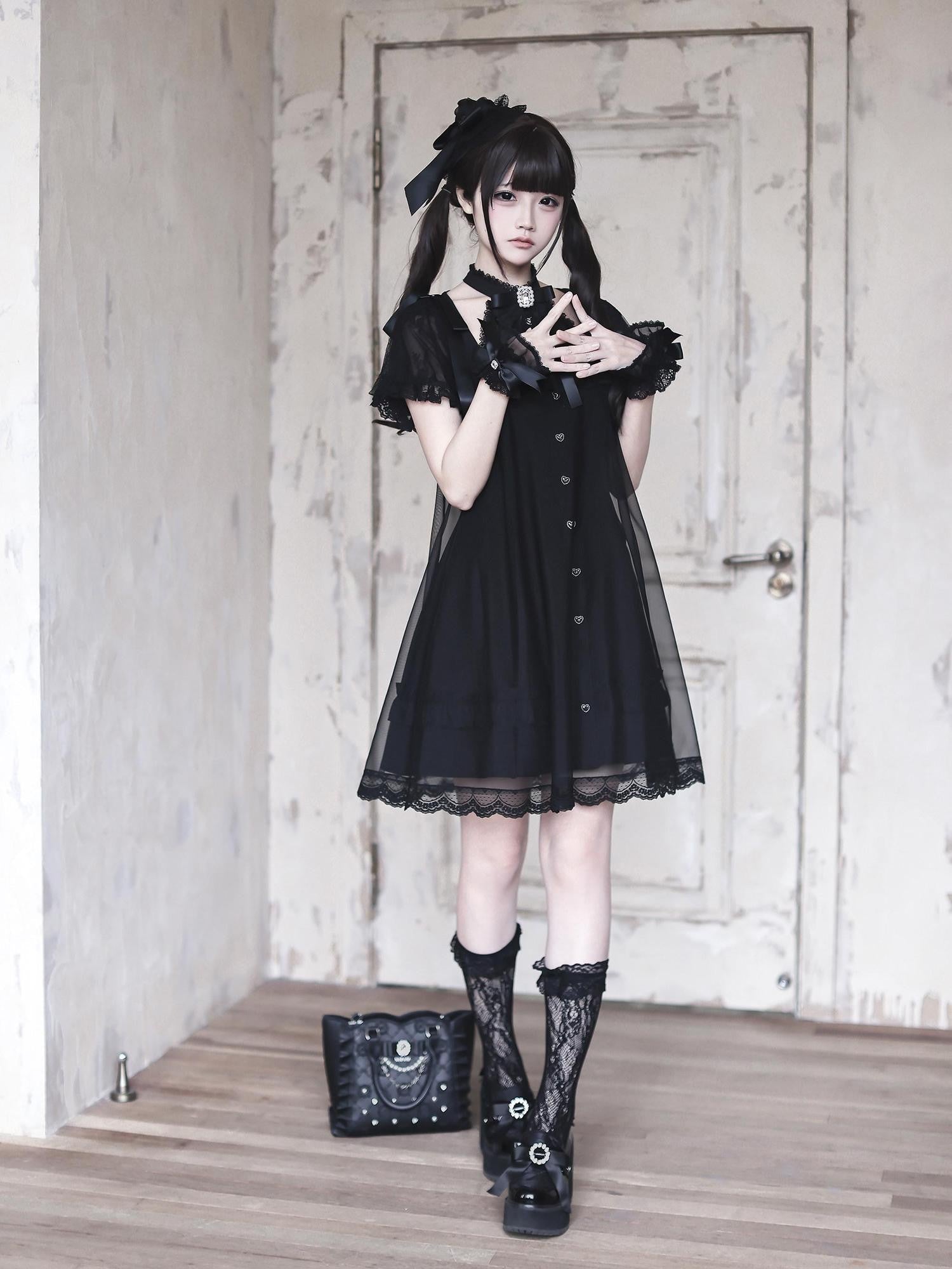 Ekomi Black Tulle Overlay Gothic Halter A Line Slim Women's Lace Short Sleeve Op