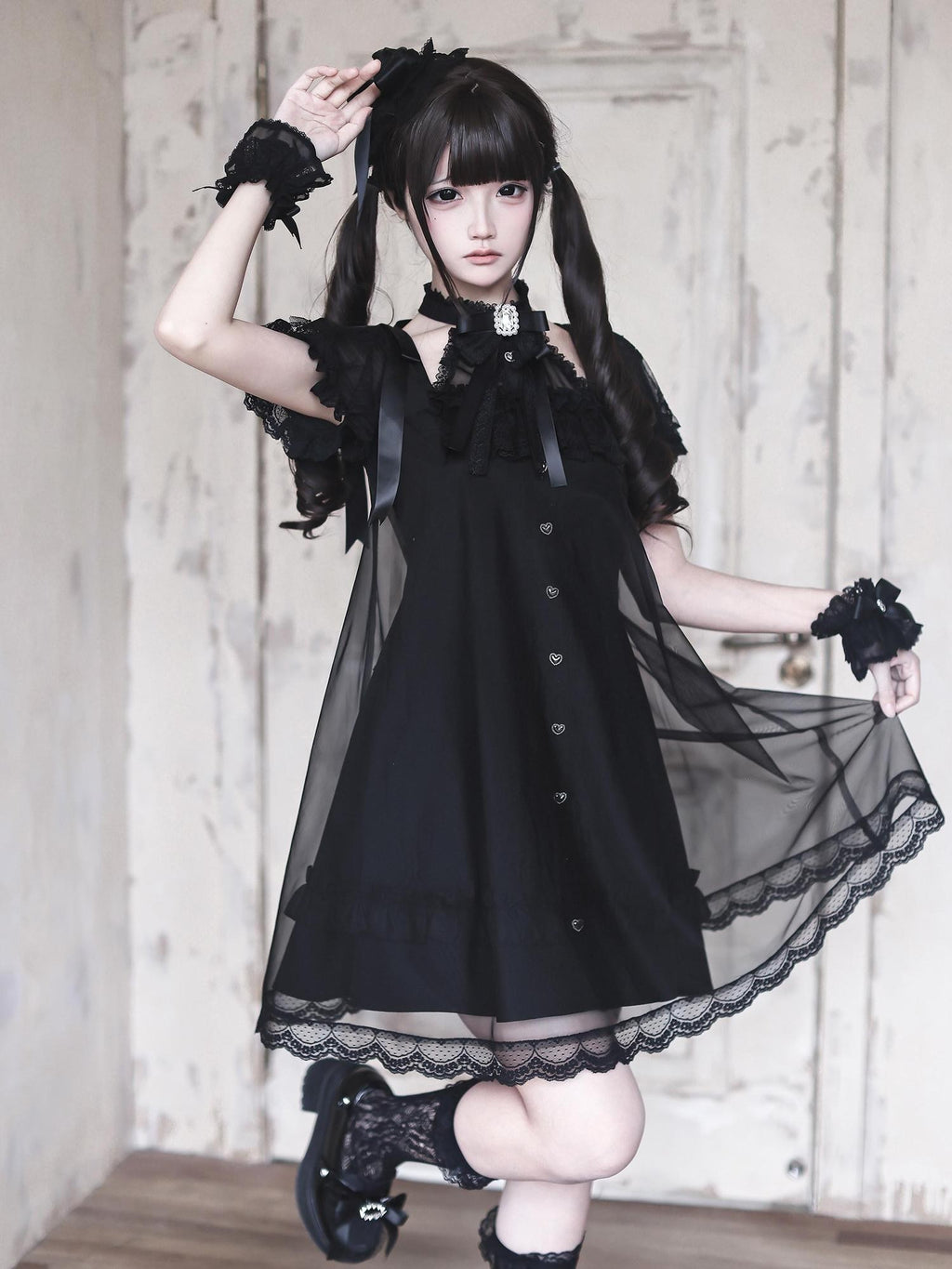 Ekomi Black Tulle Overlay Gothic Halter A Line Slim Women's Lace Short Sleeve Op