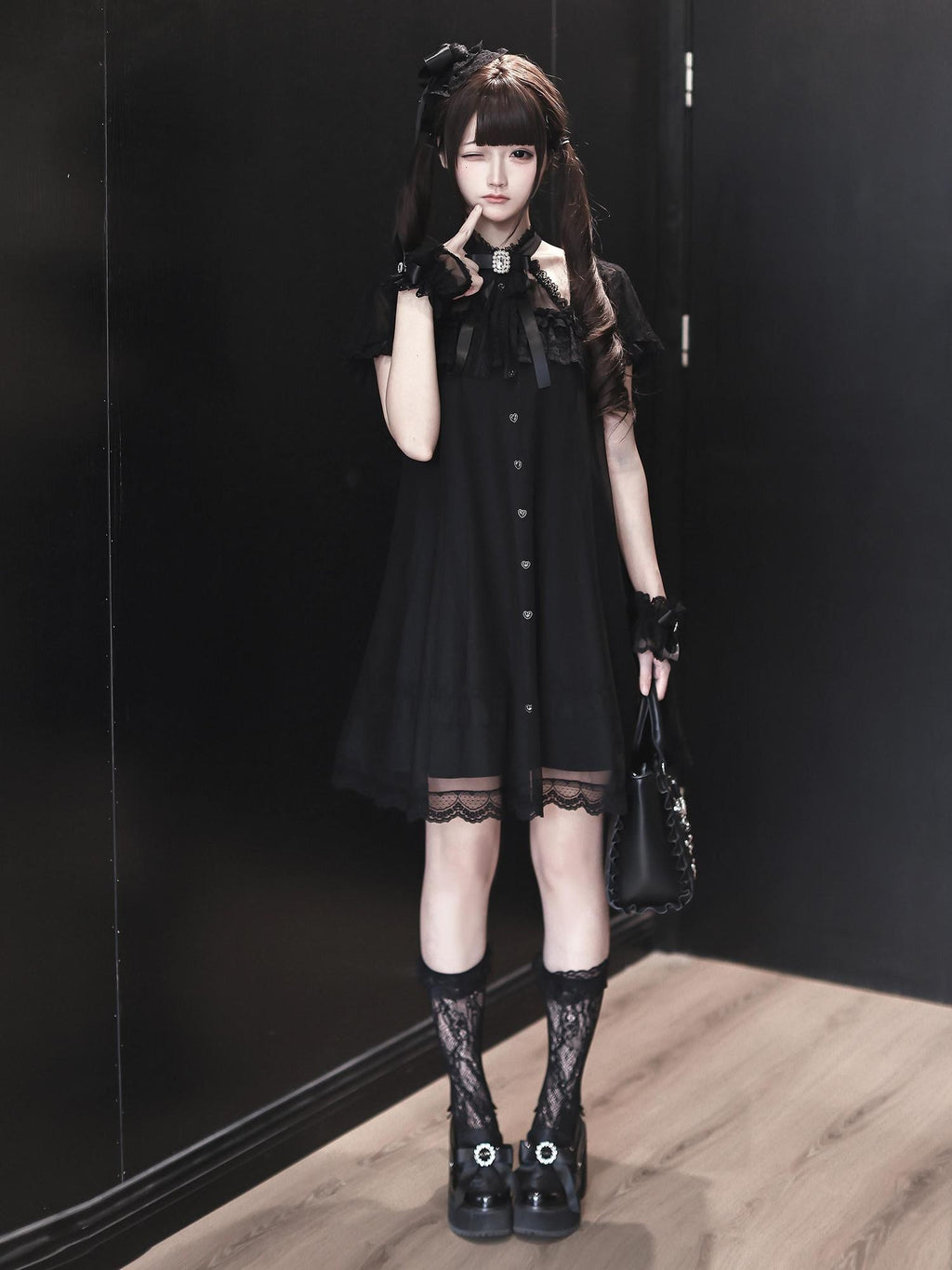 Ekomi Black Tulle Overlay Gothic Halter A Line Slim Women's Lace Short Sleeve Op