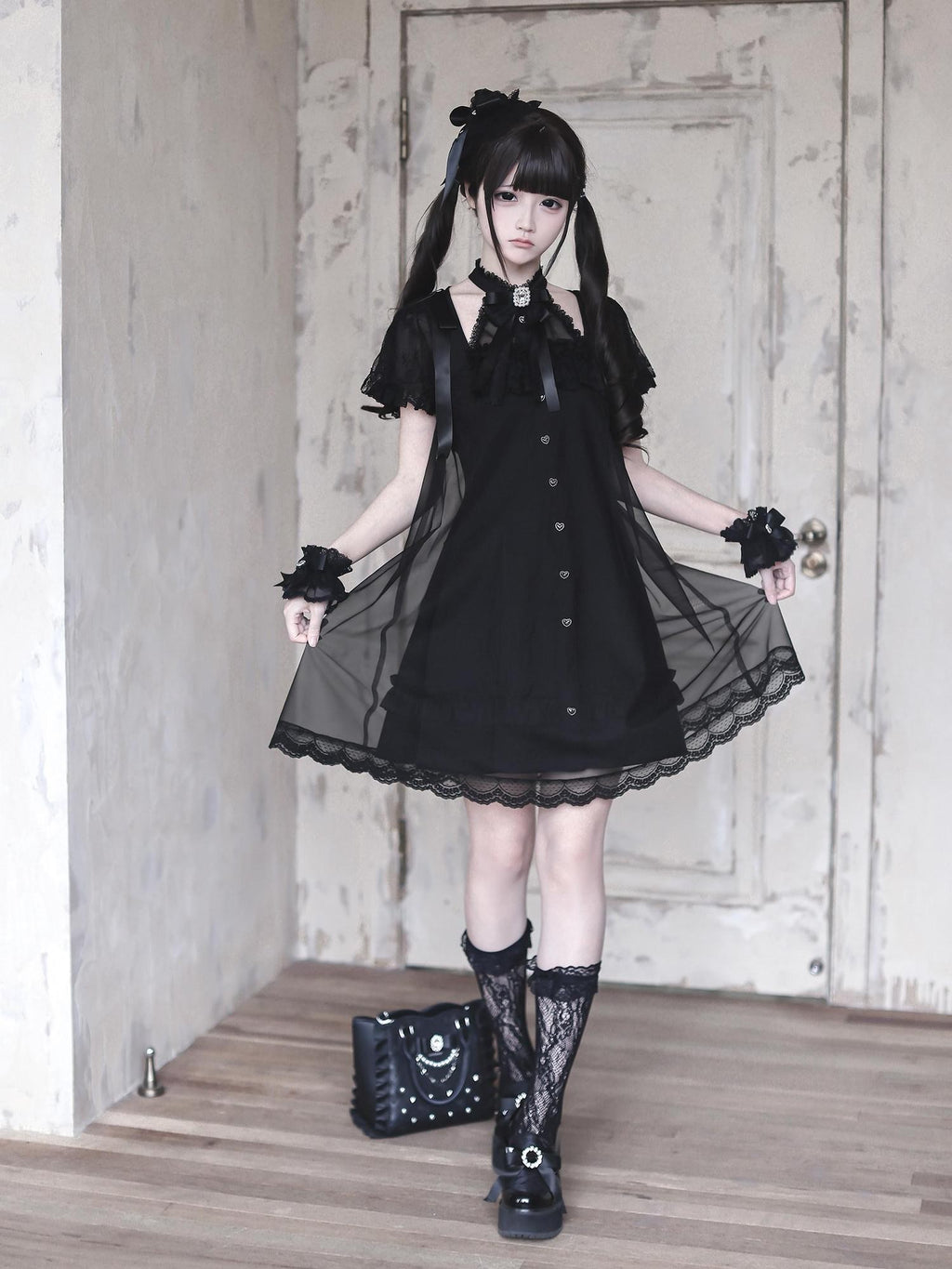 Ekomi Black Tulle Overlay Gothic Halter A Line Slim Women's Lace Short Sleeve Op