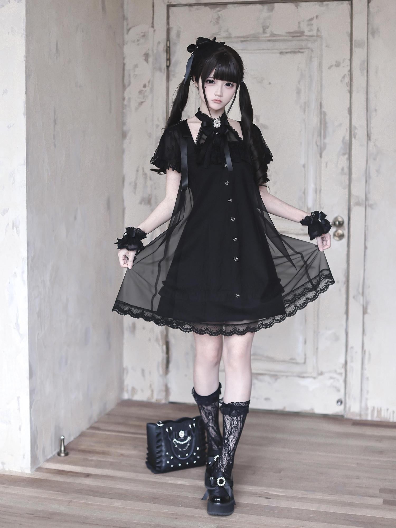Ekomi Black Tulle Overlay Gothic Halter A Line Slim Women's Lace Short Sleeve Op