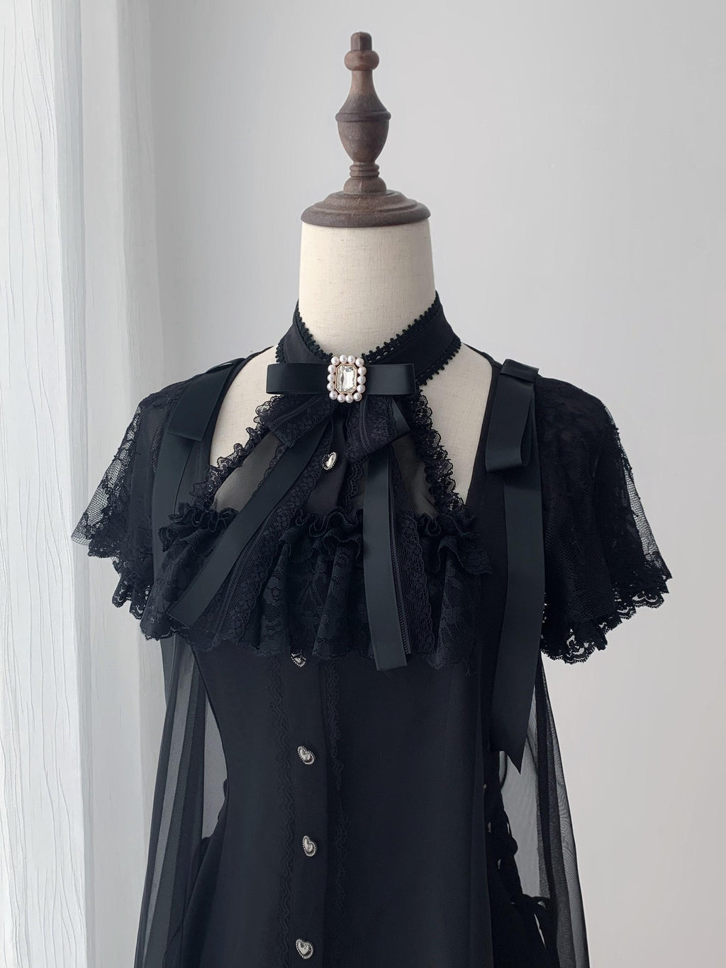 Ekomi Black Tulle Overlay Gothic Halter A Line Slim Women's Lace Short Sleeve Op