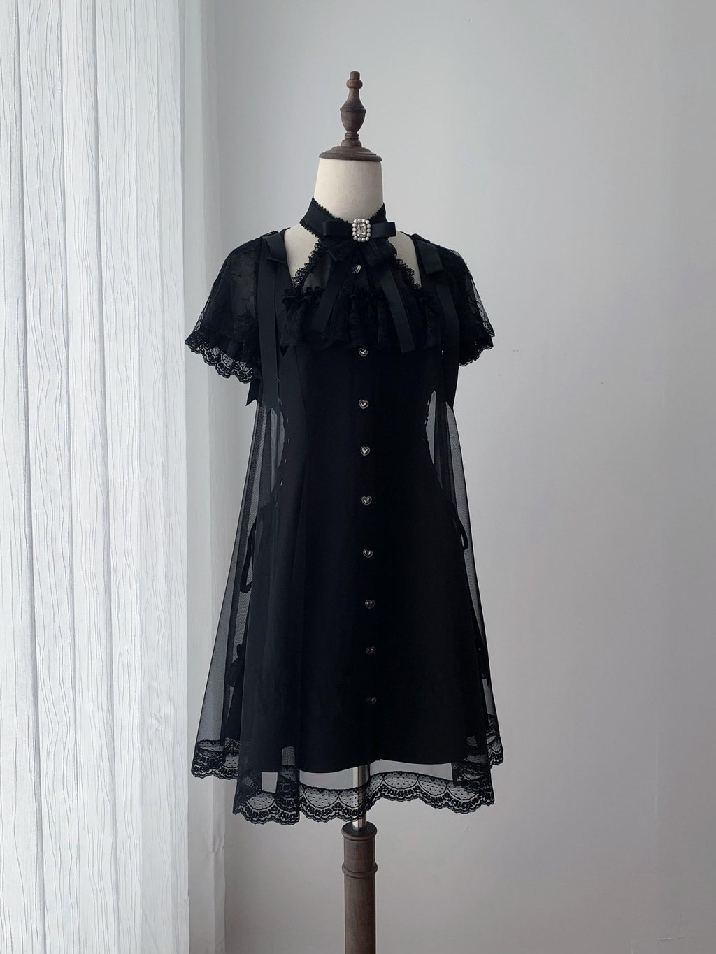 Ekomi Black Tulle Overlay Gothic Halter A Line Slim Women's Lace Short Sleeve Op
