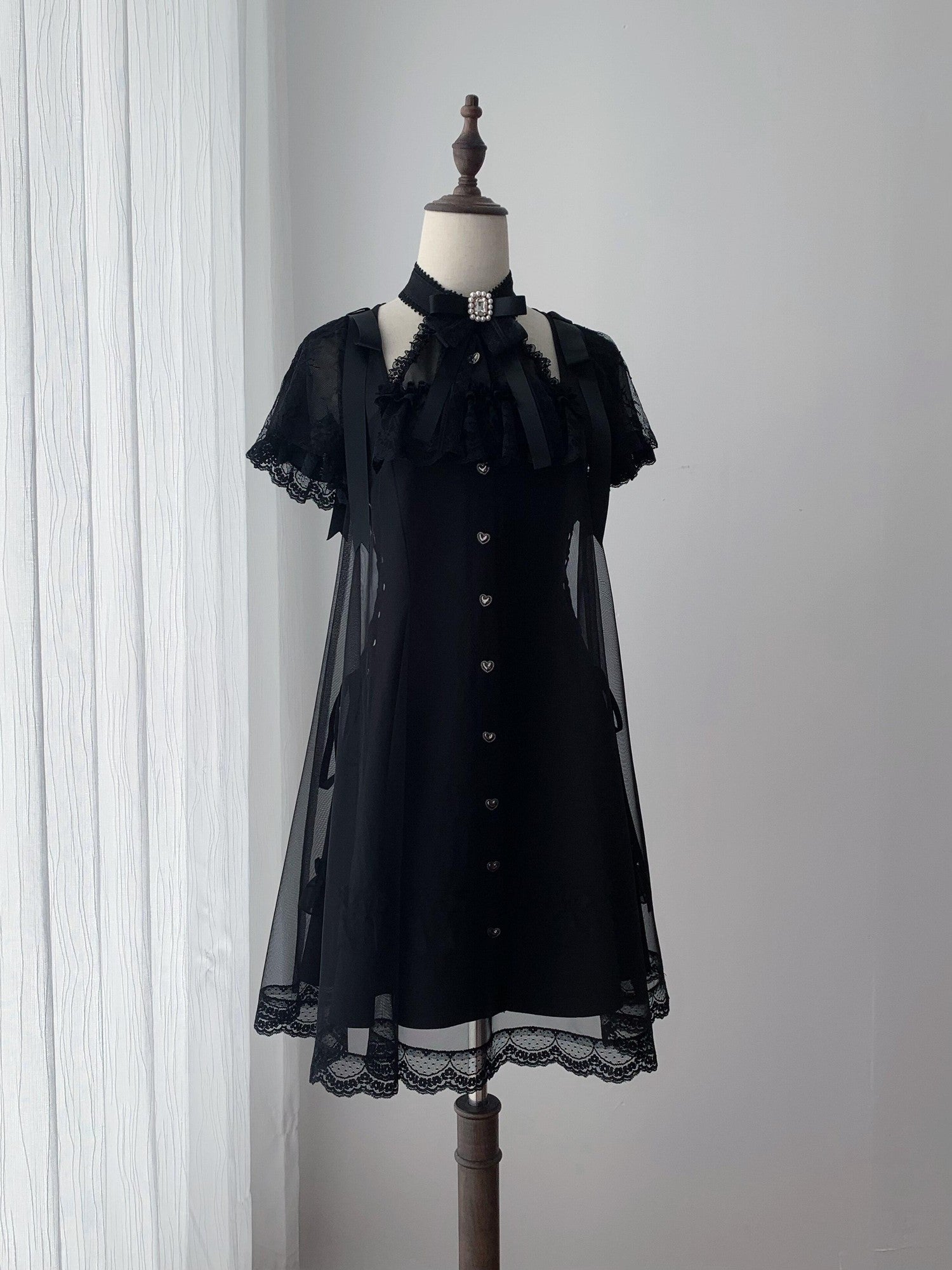 Ekomi Black Tulle Overlay Gothic Halter A Line Slim Women's Lace Short Sleeve Op