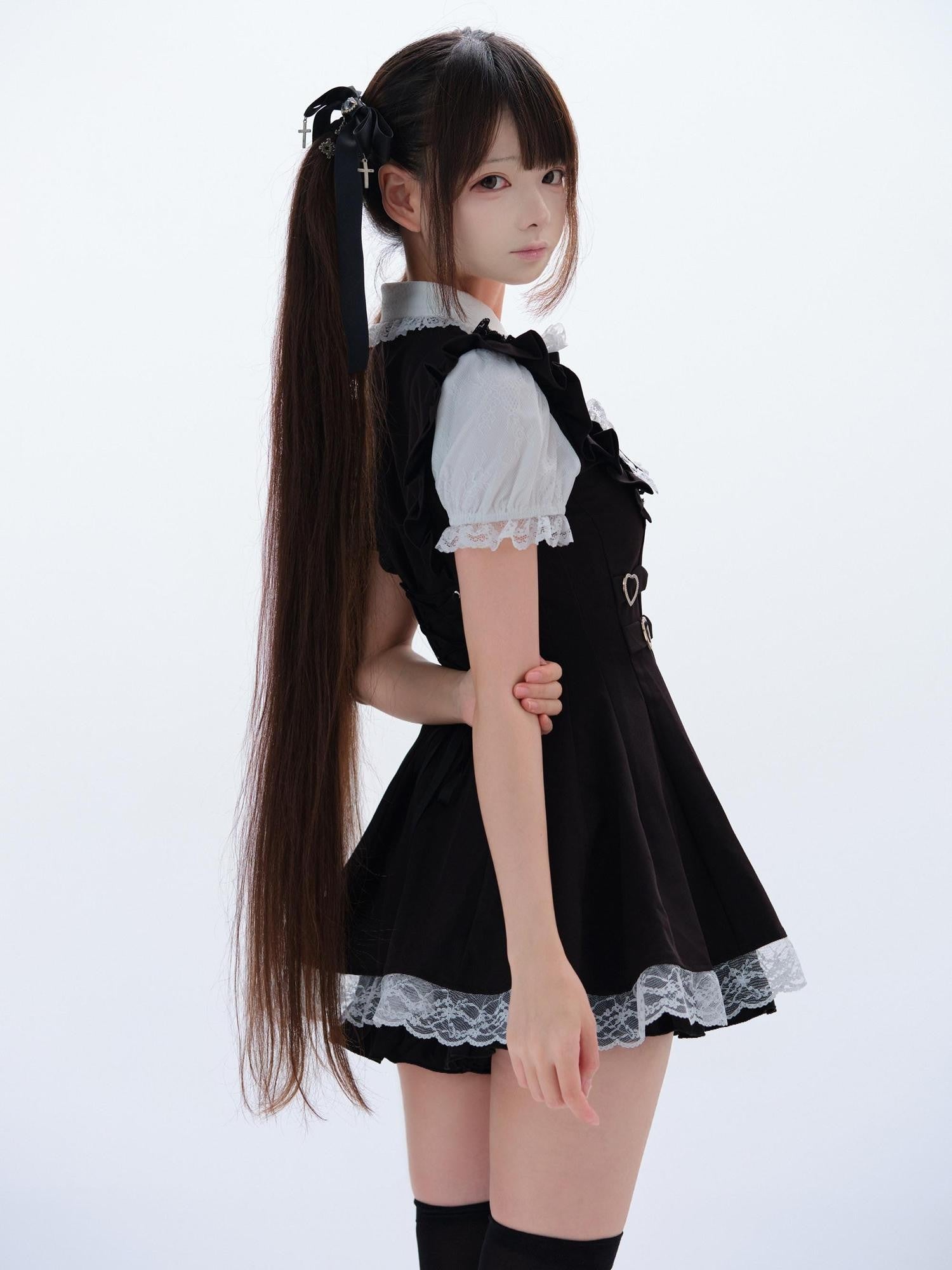 Ekomi Black White Doll Collar A Line Short Sleeve Women's Lace Jsk Sets