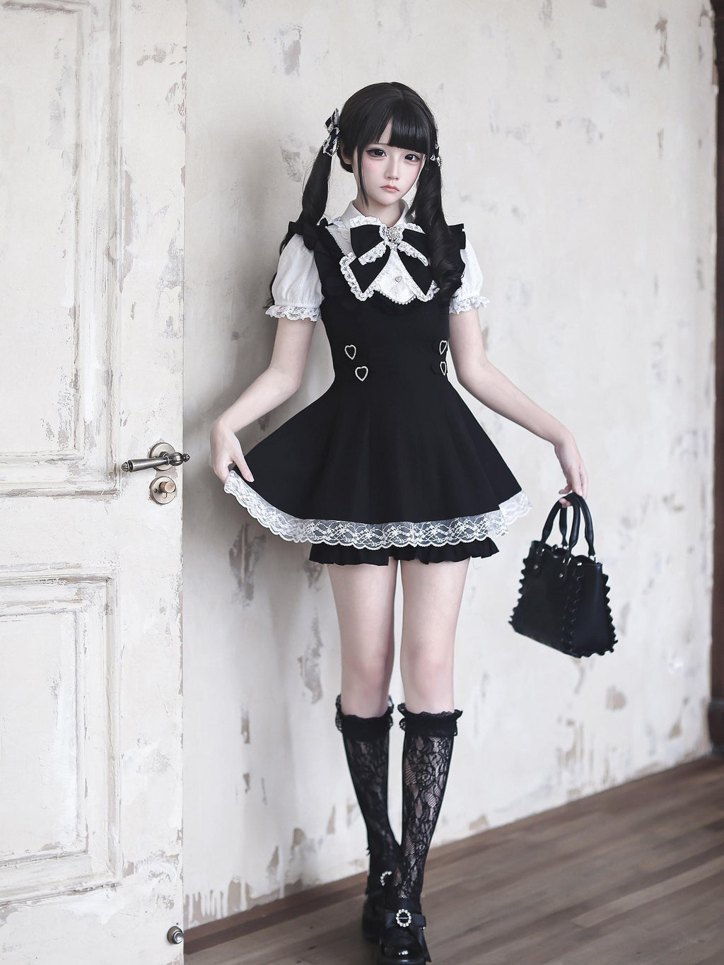 Ekomi Black White Doll Collar A Line Short Sleeve Women's Lace Jsk Sets