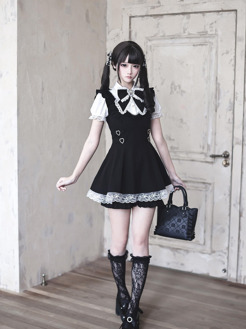Ekomi Black White Doll Collar A Line Short Sleeve Women's Lace Jsk Sets
